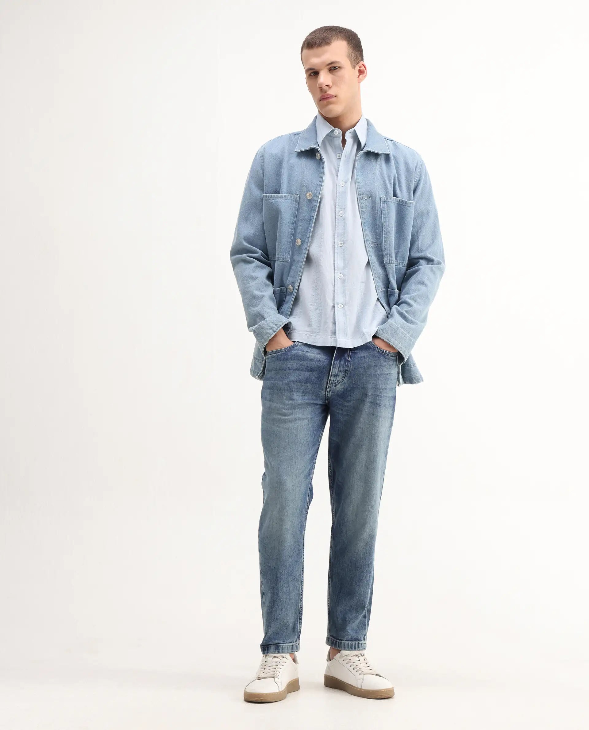 Rare Rabbit Men's Sam Blue Cotton Plain Kurt Carrot Fit Jeans