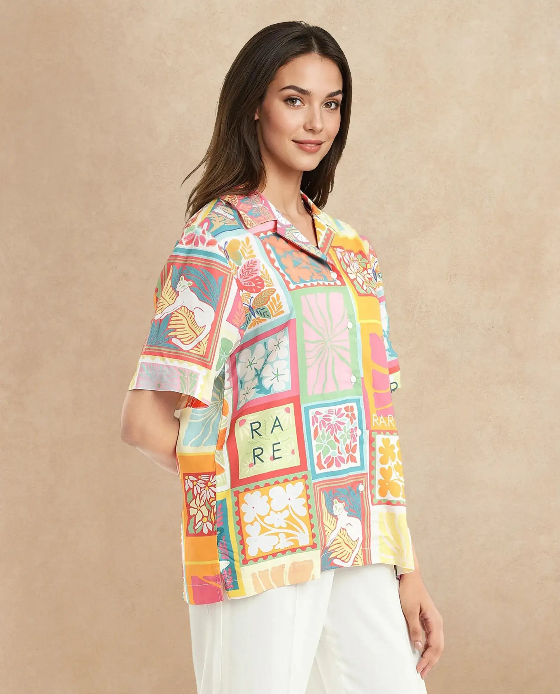 Rareism Women Sampige Multi Short Sleeve Collared Neck Button Closure Relaxed Fit Abstract Print Top