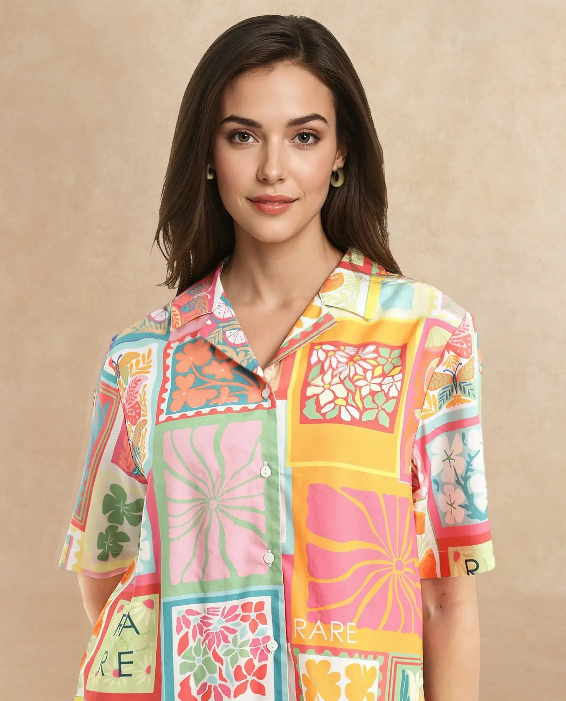 Rareism Women Sampige Multi Short Sleeve Collared Neck Button Closure Relaxed Fit Abstract Print Top