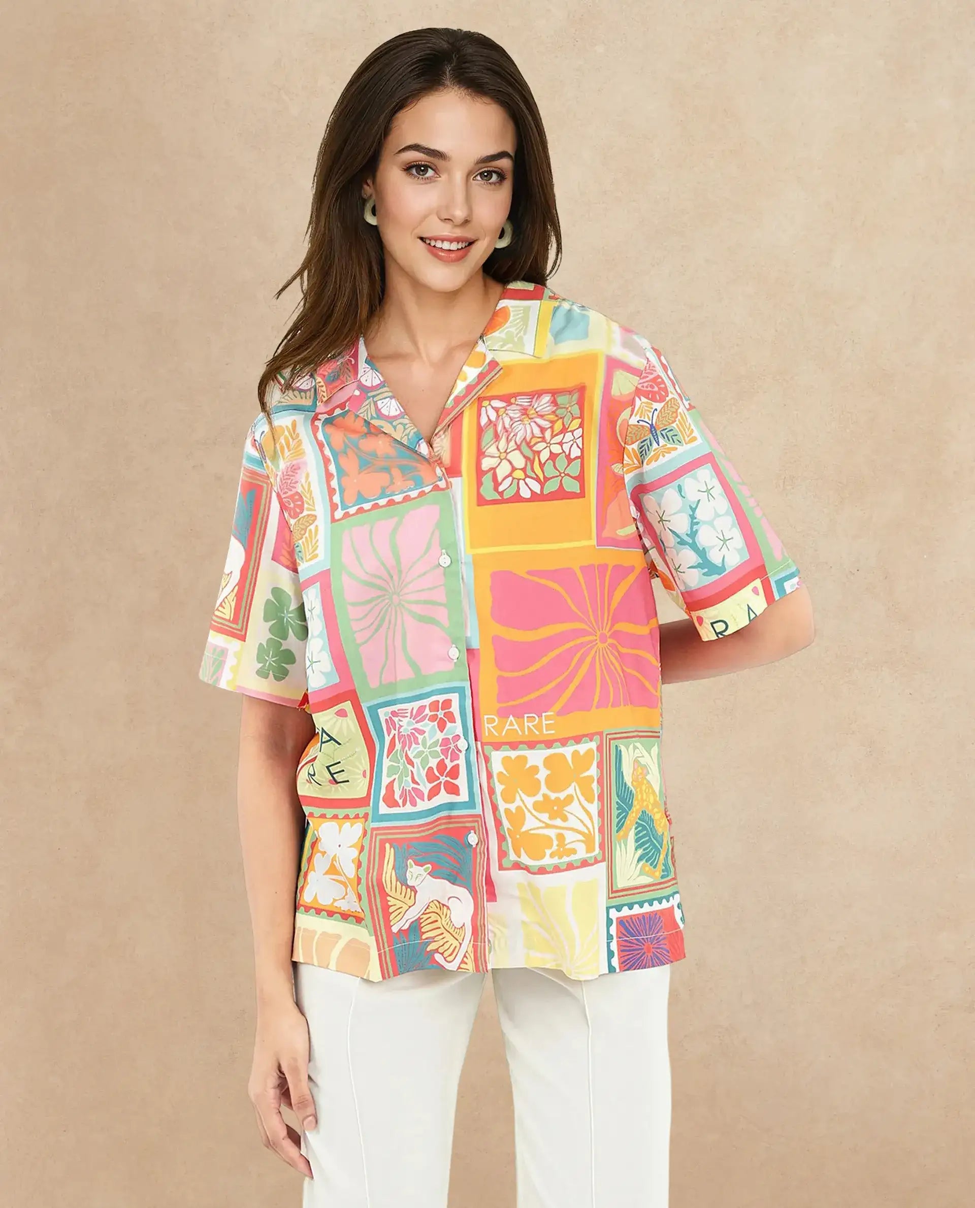 Rareism Women Sampige Multi Short Sleeve Collared Neck Button Closure Relaxed Fit Abstract Print Top