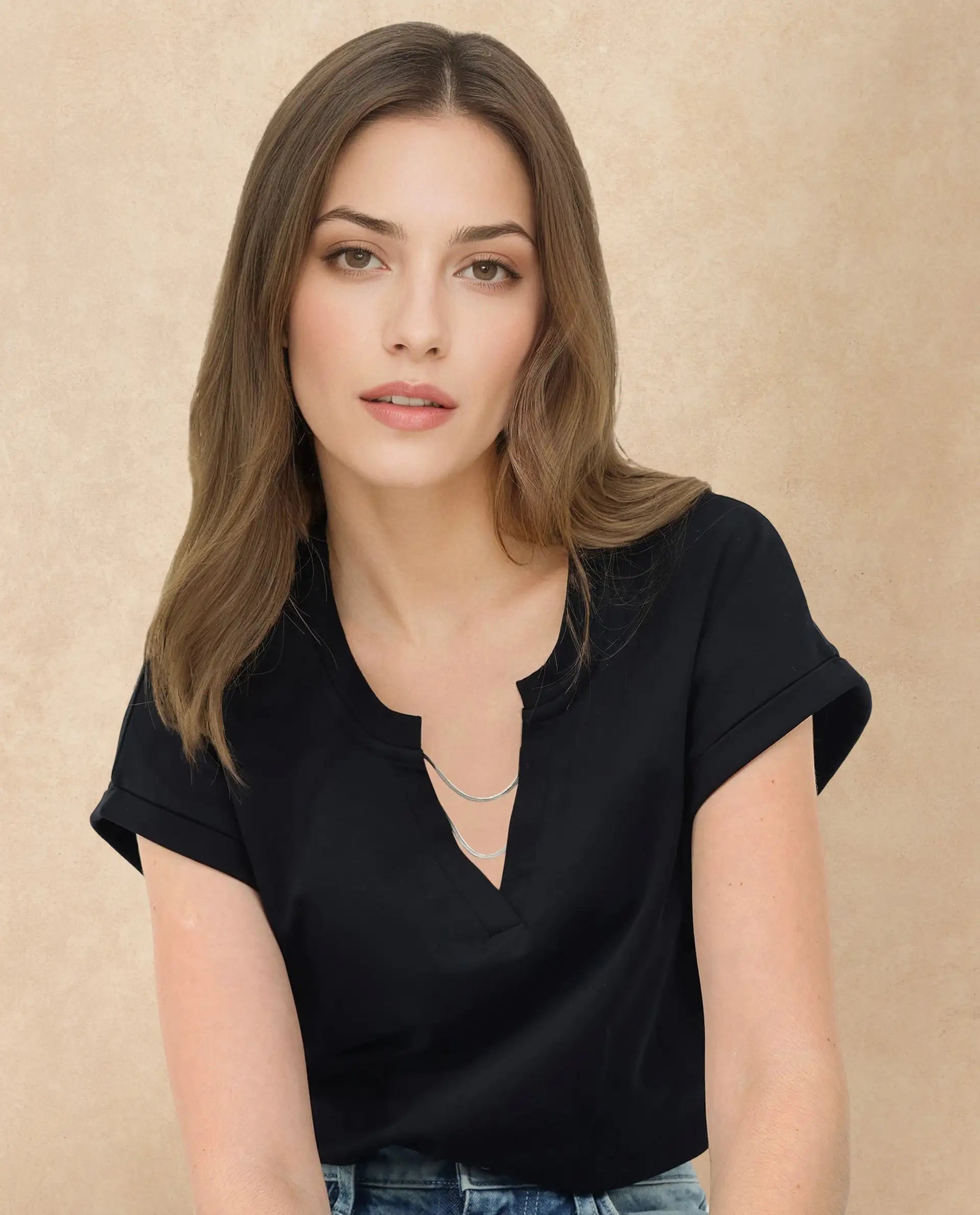 Rareism Women Sanderson Black Cotton Fabric Short Sleeve V-Neck Solid Regular Fit Top