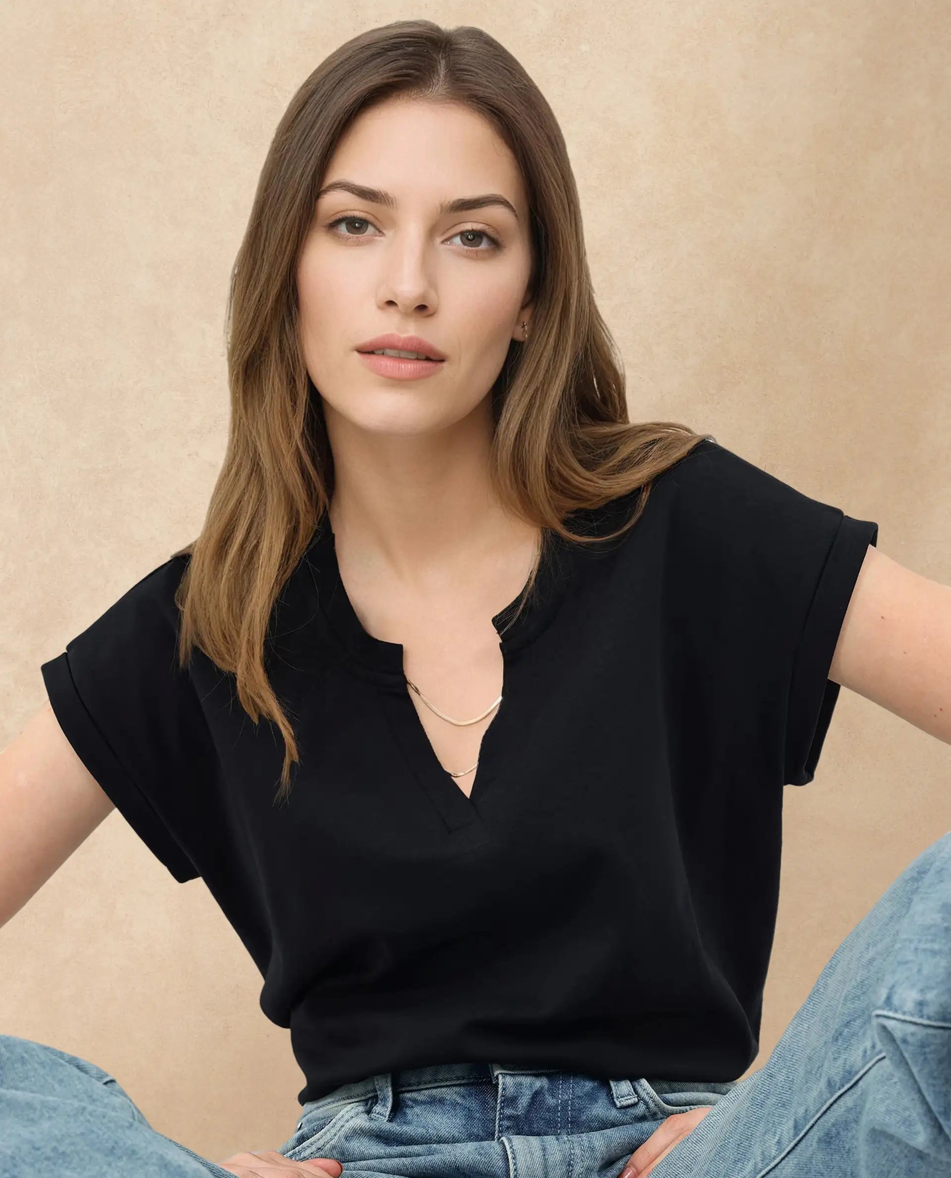 Rareism Women Sanderson Black Cotton Fabric Short Sleeve V-Neck Solid Regular Fit Top