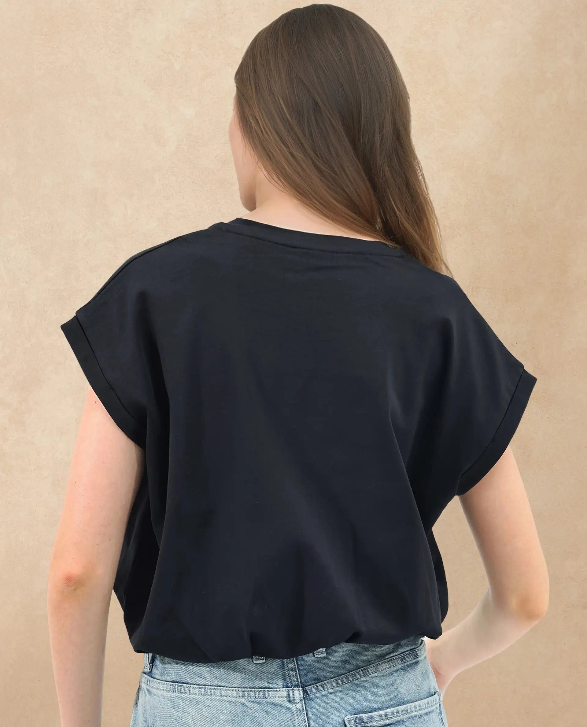 Rareism Women Sanderson Black Cotton Fabric Short Sleeve V-Neck Solid Regular Fit Top