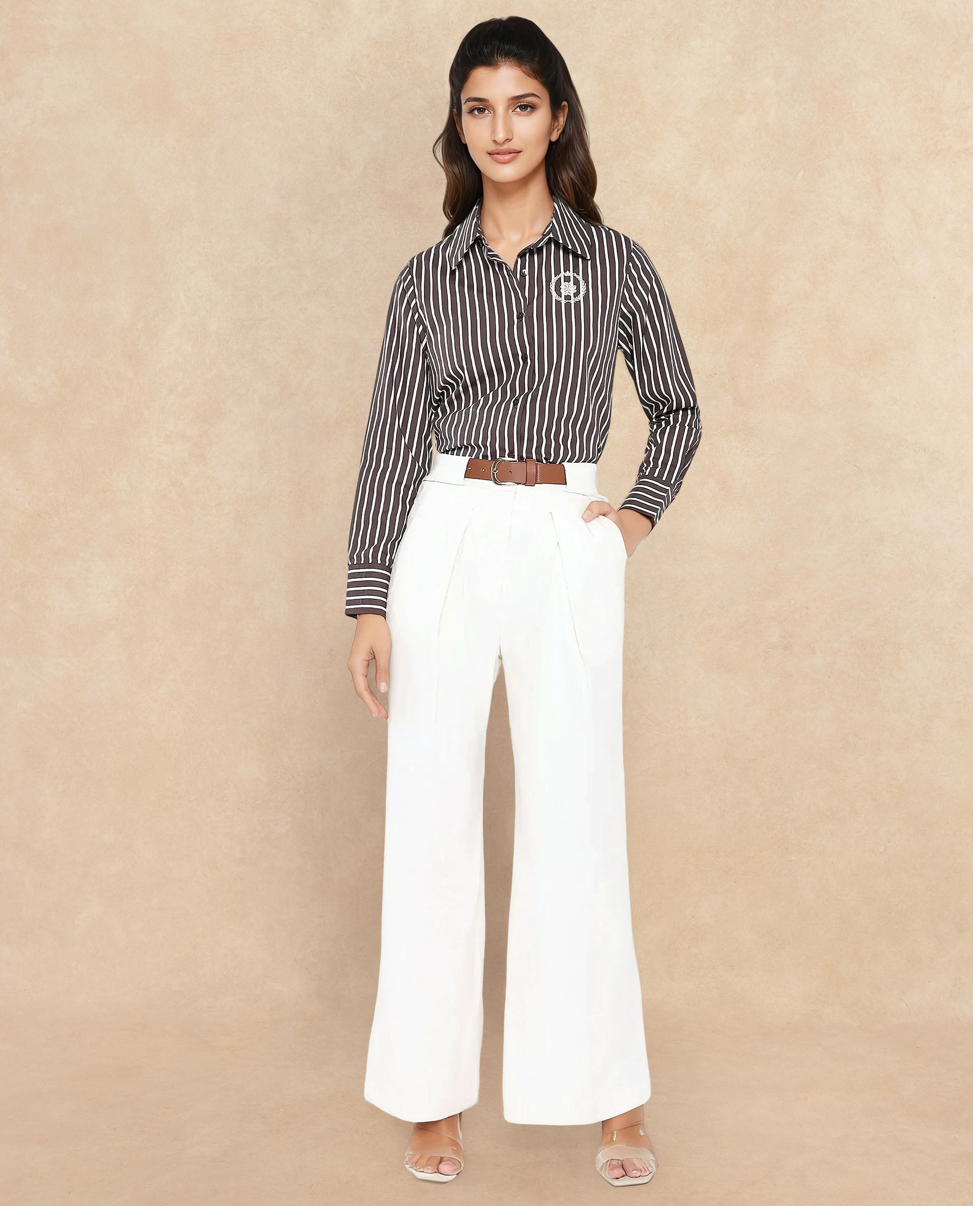 Rareism Women Sandi Beige Viscose Polyester Fabric Hook Closure Wide Fit Ankle Length Plain Trouser