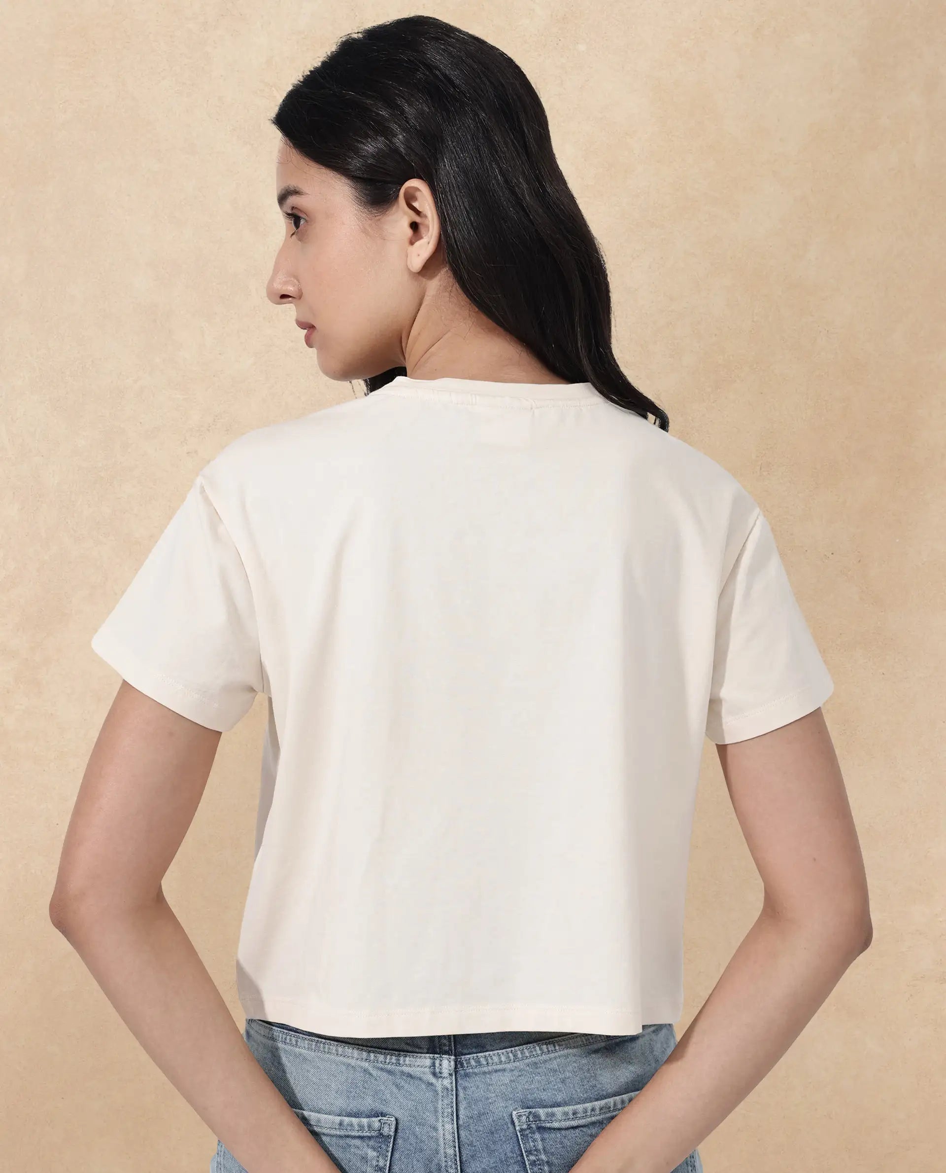 Rareism Women Sandre Light Beige Cotton Elastane Fabric Crew Neck Knit Solid T-Shirt