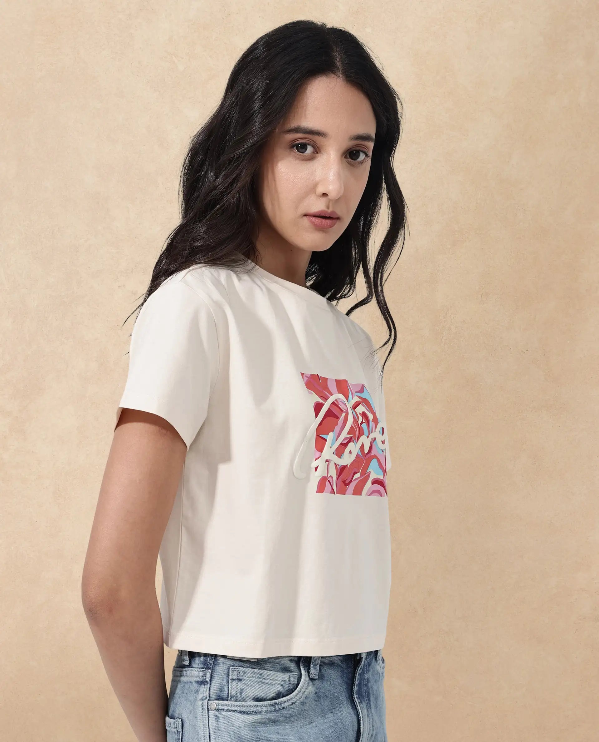 Rareism Women Sandre Light Beige Cotton Elastane Fabric Crew Neck Knit Solid T-Shirt