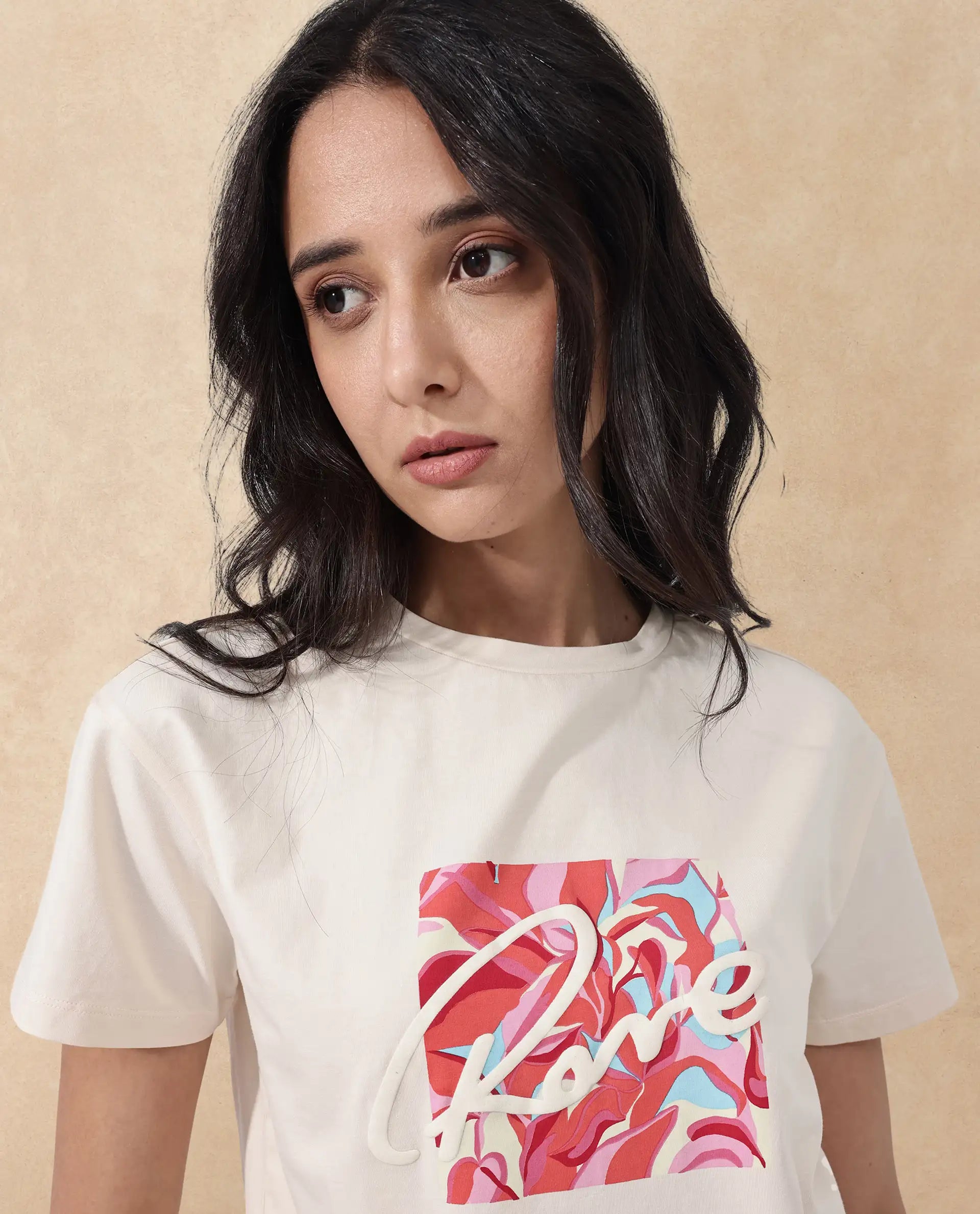 Rareism Women Sandre Light Beige Cotton Elastane Fabric Crew Neck Knit Solid T-Shirt