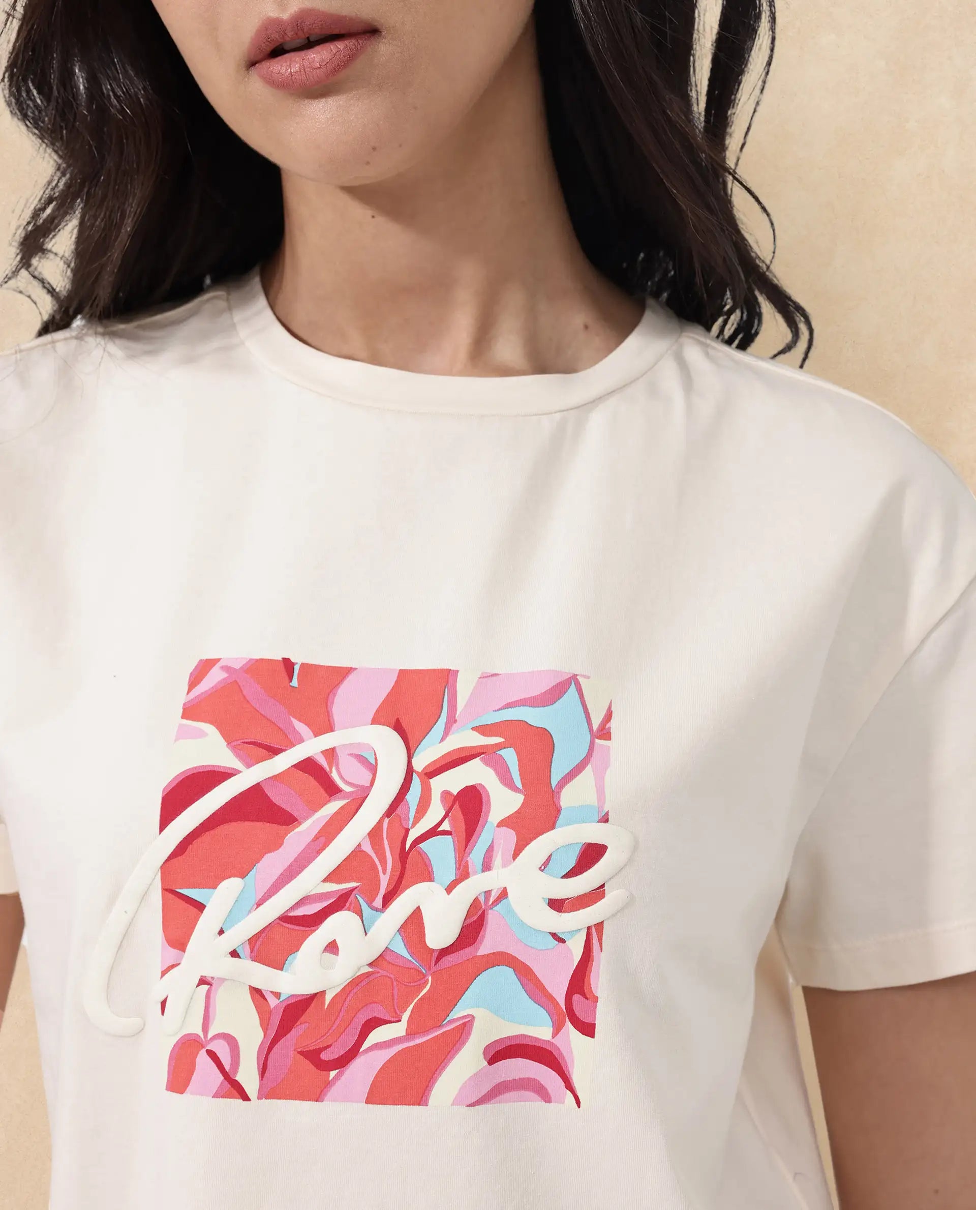 Rareism Women Sandre Light Beige Cotton Elastane Fabric Crew Neck Knit Solid T-Shirt