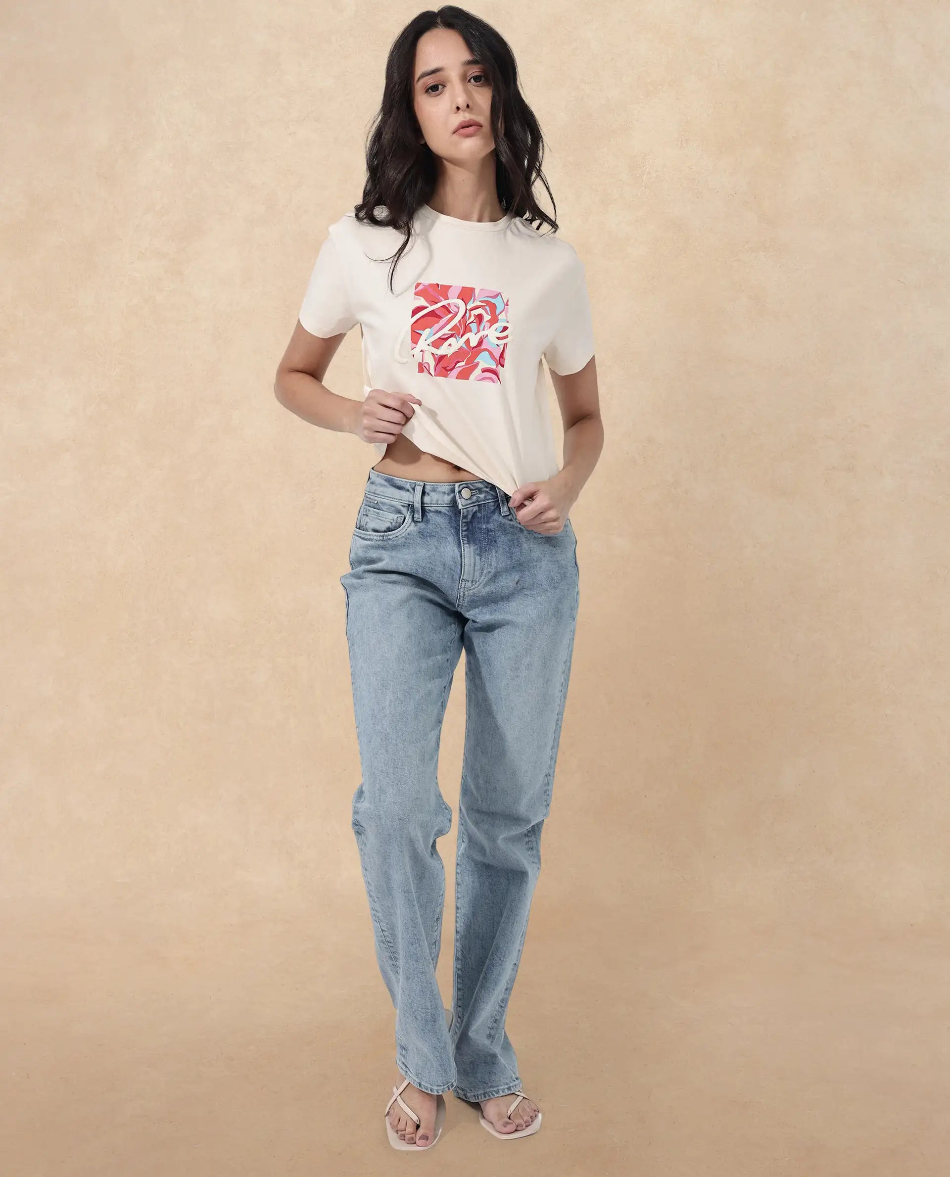 Rareism Women Sandre Light Beige Cotton Elastane Fabric Crew Neck Knit Solid T-Shirt