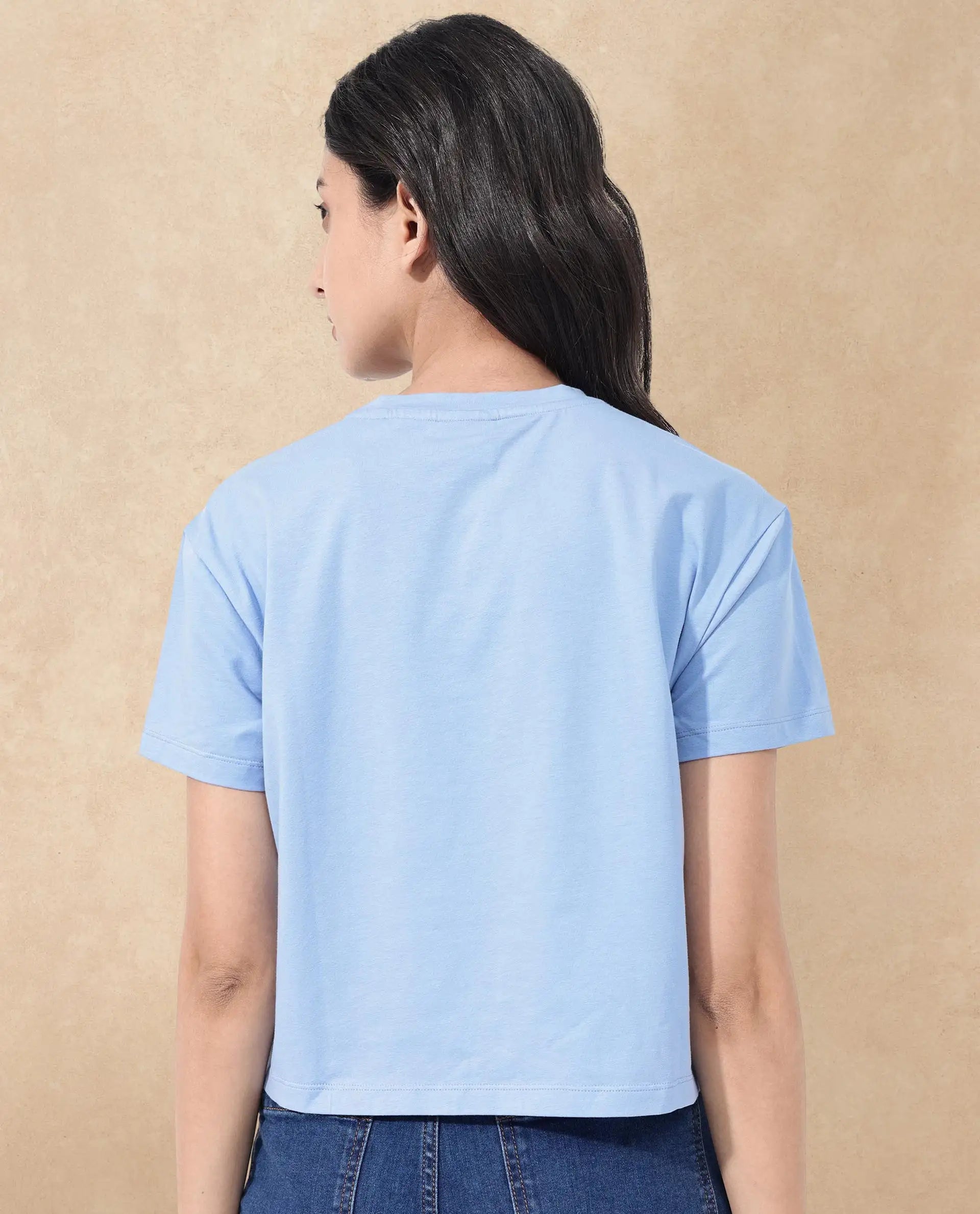 Rareism Women Sandre Blue Cotton Elastane Fabric Crew Neck Knit Solid T-Shirt