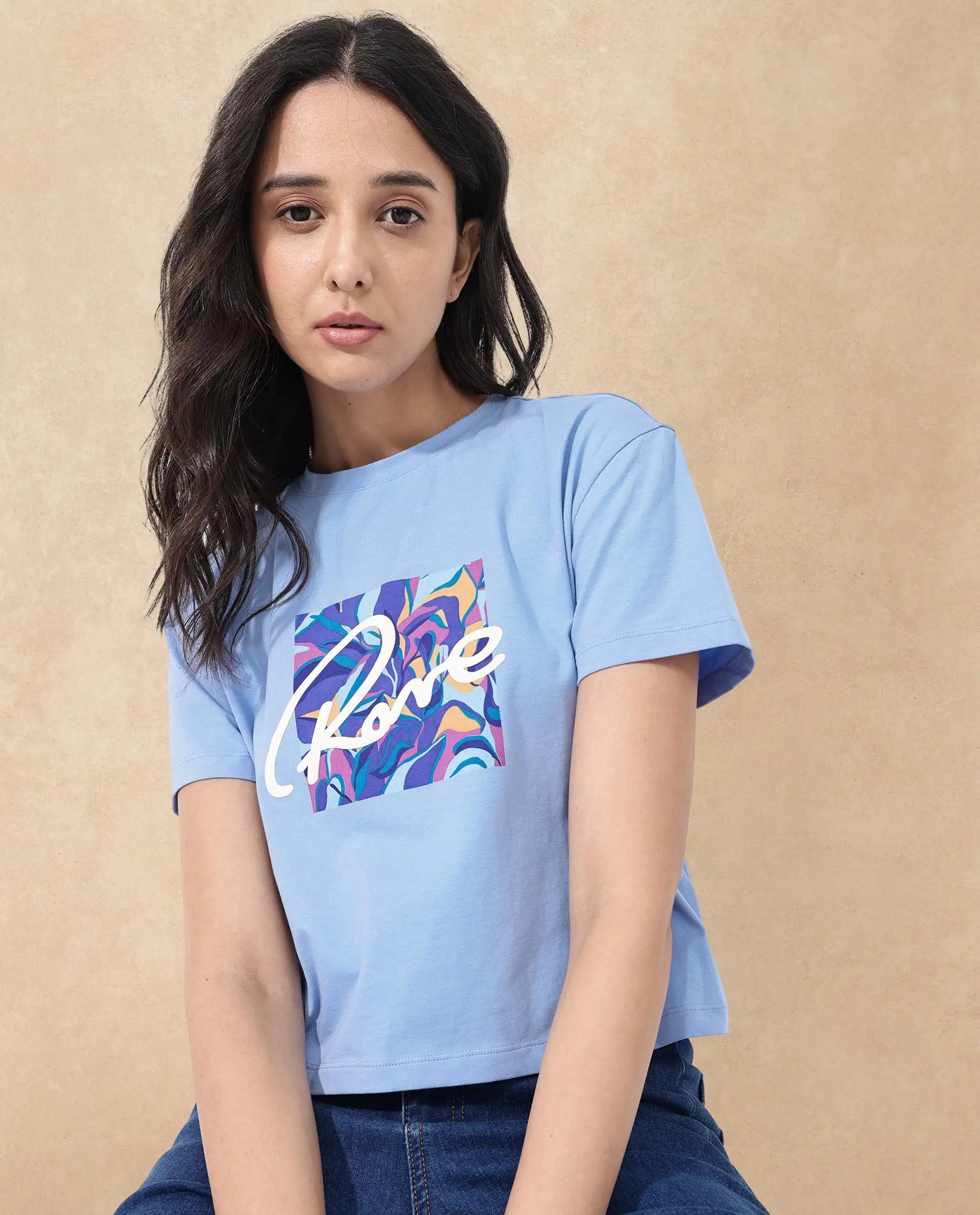 Rareism Women Sandre Blue Cotton Elastane Fabric Crew Neck Knit Solid T-Shirt