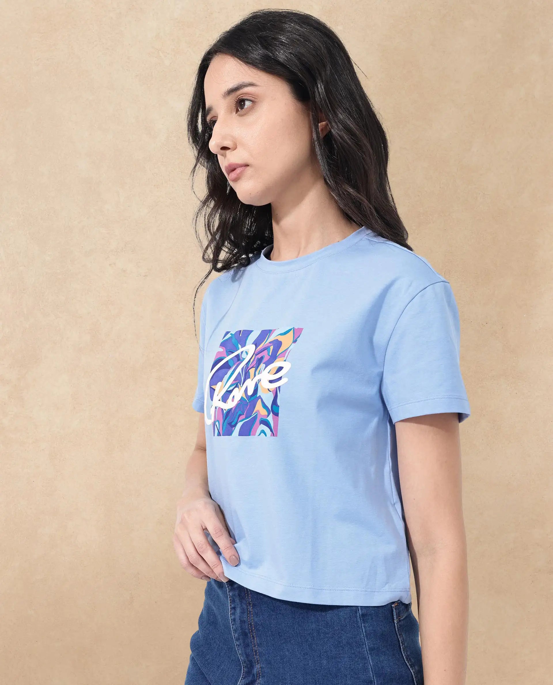 Rareism Women Sandre Blue Cotton Elastane Fabric Crew Neck Knit Solid T-Shirt