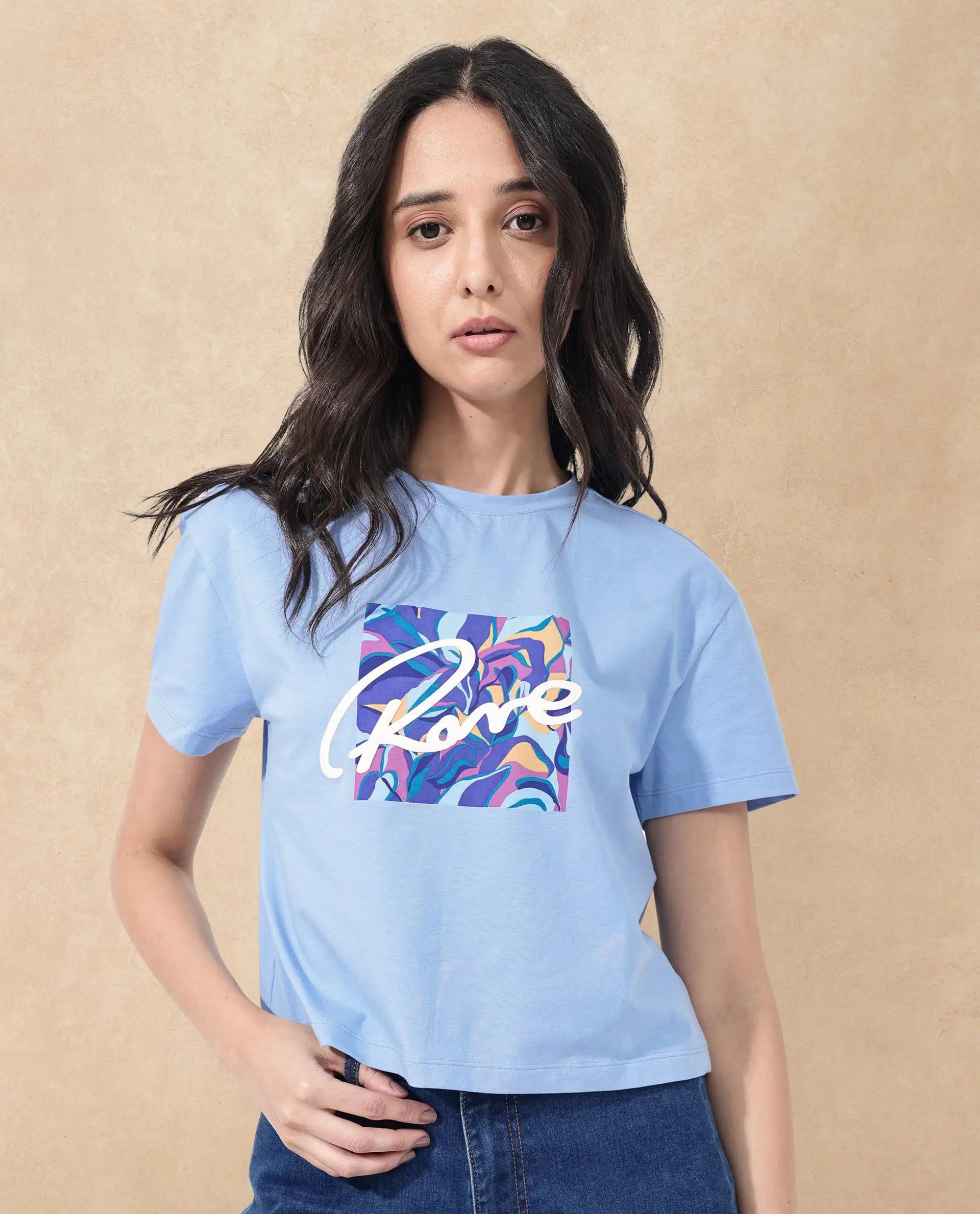 Rareism Women Sandre Blue Cotton Elastane Fabric Crew Neck Knit Solid T-Shirt