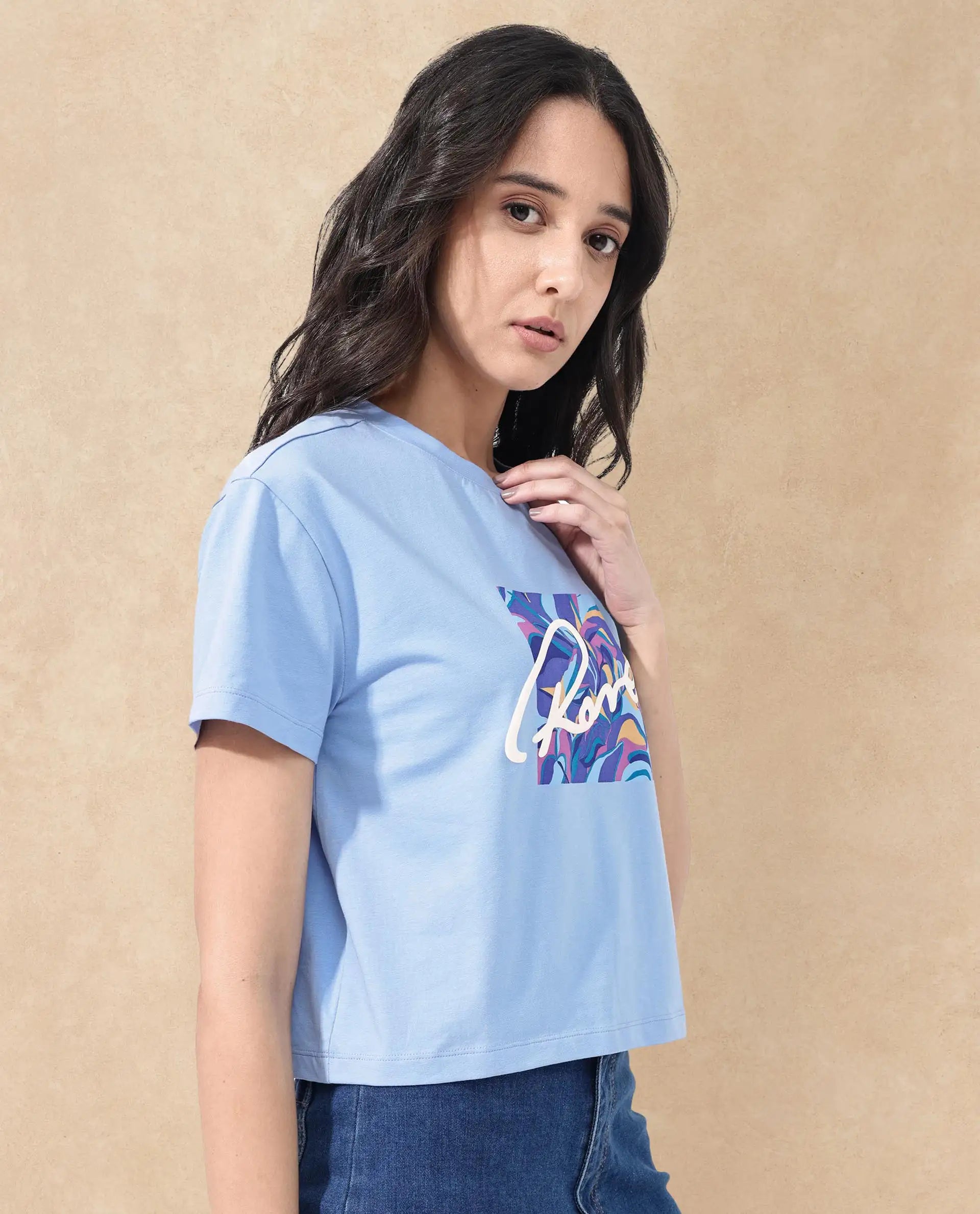 Rareism Women Sandre Blue Cotton Elastane Fabric Crew Neck Knit Solid T-Shirt