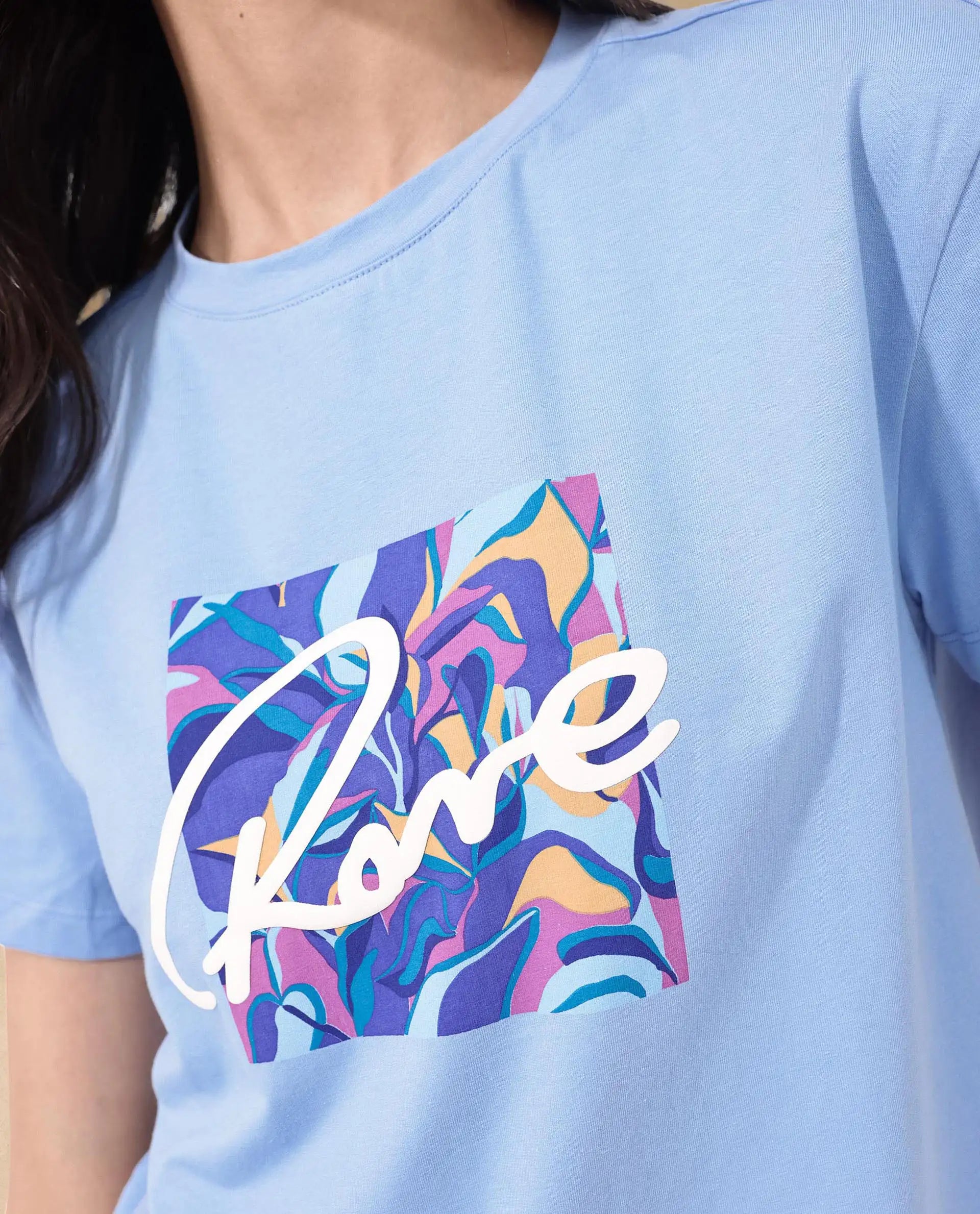 Rareism Women Sandre Blue Cotton Elastane Fabric Crew Neck Knit Solid T-Shirt