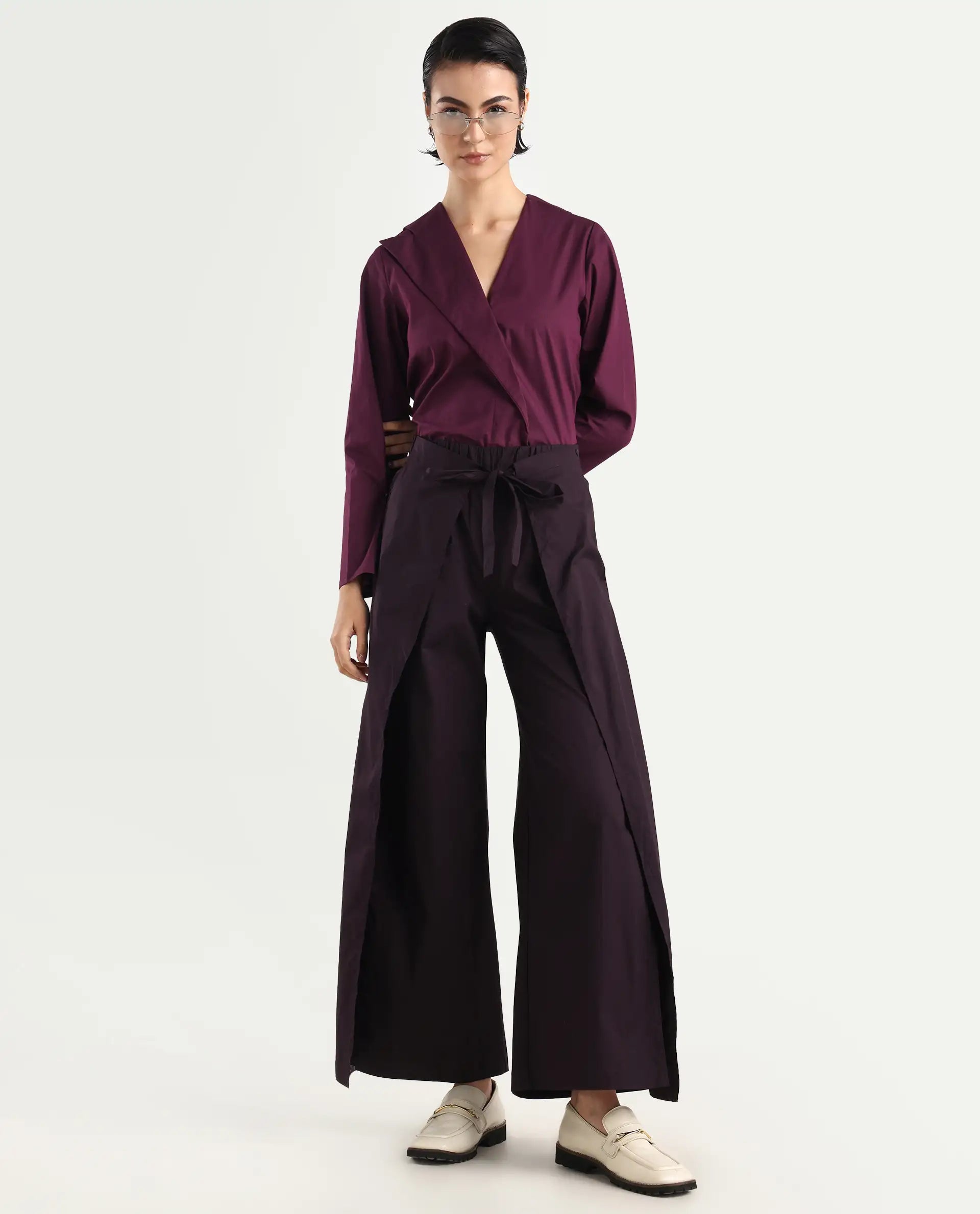 Rareism Women's Sanremo Maroon Cotton Plain Ankle Length Wide Leg Trouser