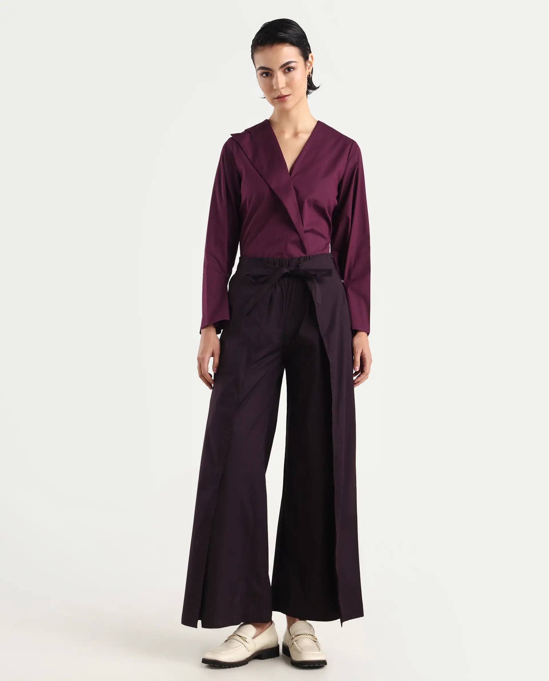 Rareism Women's Sanremo Maroon Cotton Plain Ankle Length Wide Leg Trouser