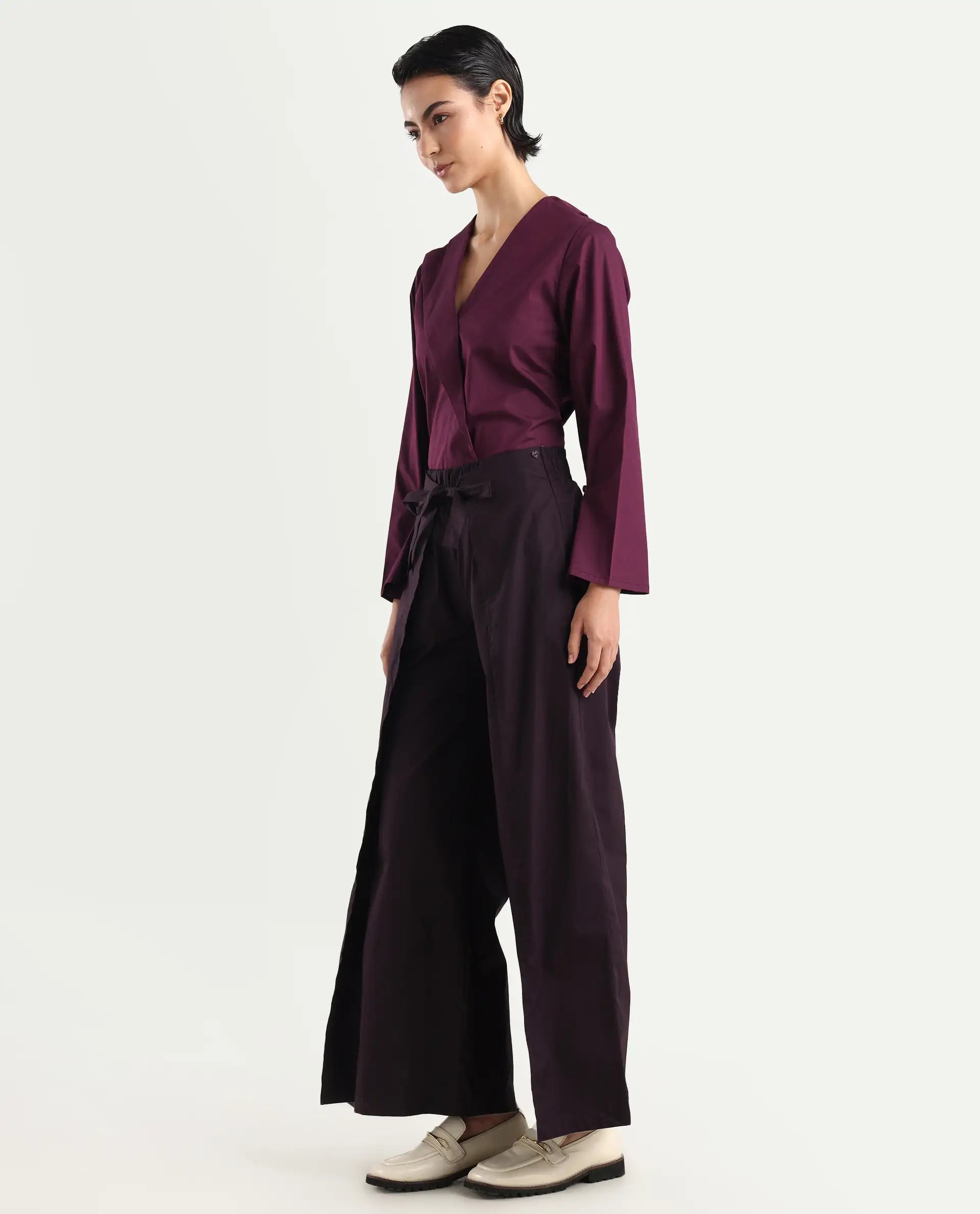 Rareism Women's Sanremo Maroon Cotton Plain Ankle Length Wide Leg Trouser