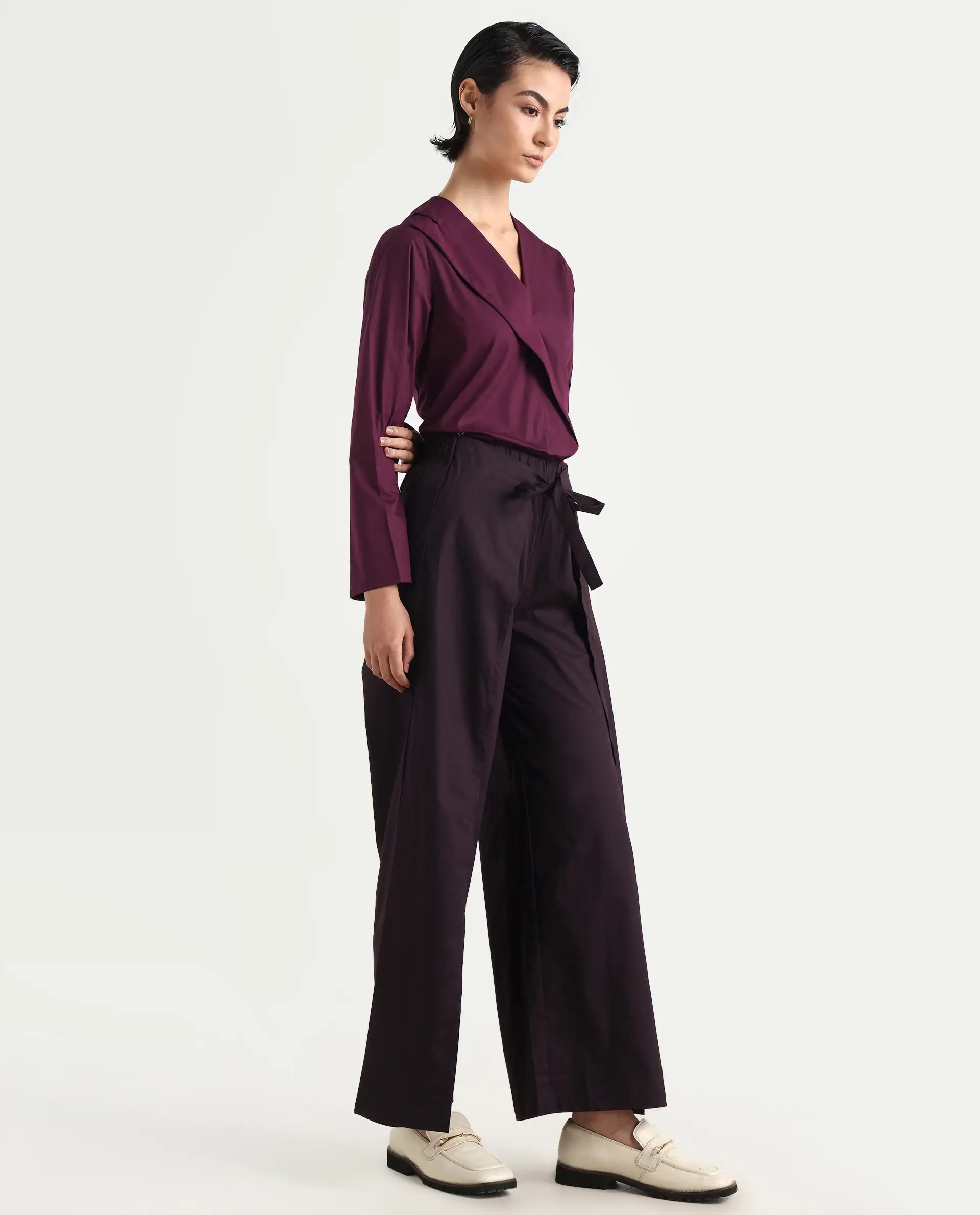 Rareism Women's Sanremo Maroon Cotton Plain Ankle Length Wide Leg Trouser