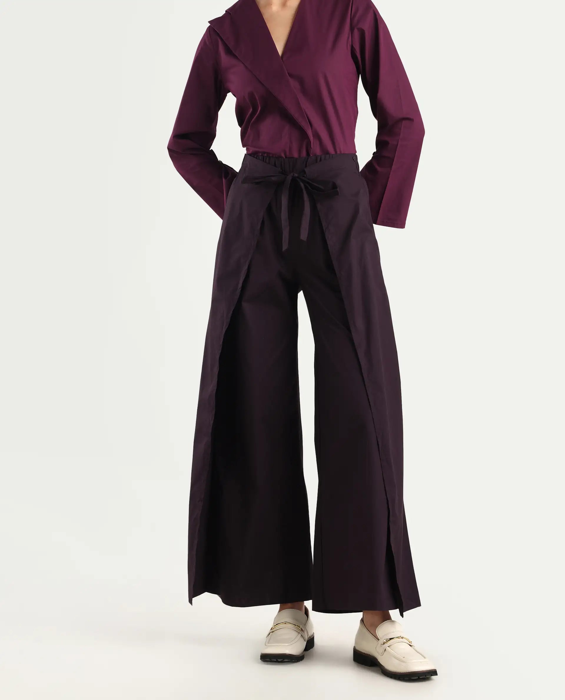 Rareism Women's Sanremo Maroon Cotton Plain Ankle Length Wide Leg Trouser