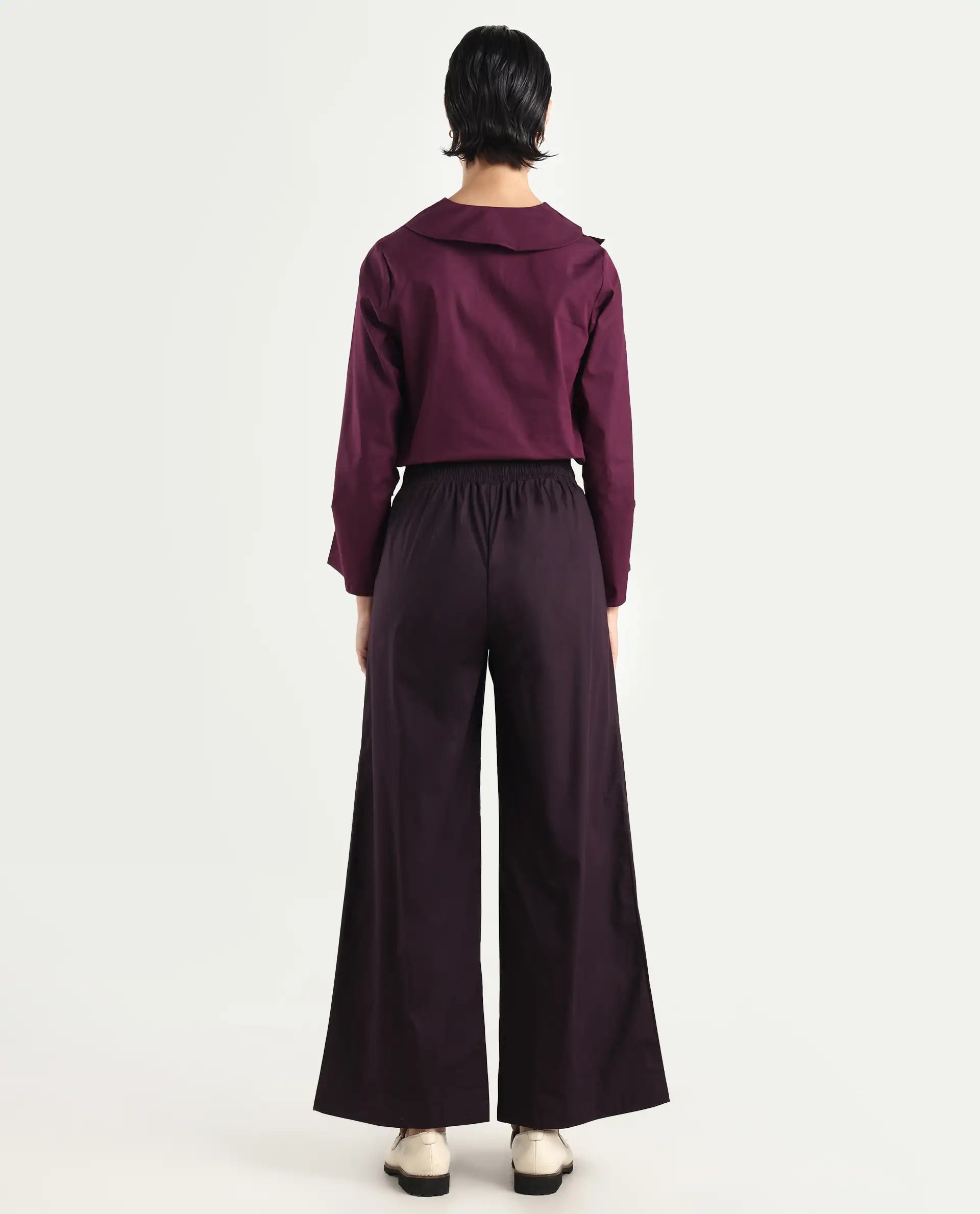Rareism Women's Sanremo Maroon Cotton Plain Ankle Length Wide Leg Trouser