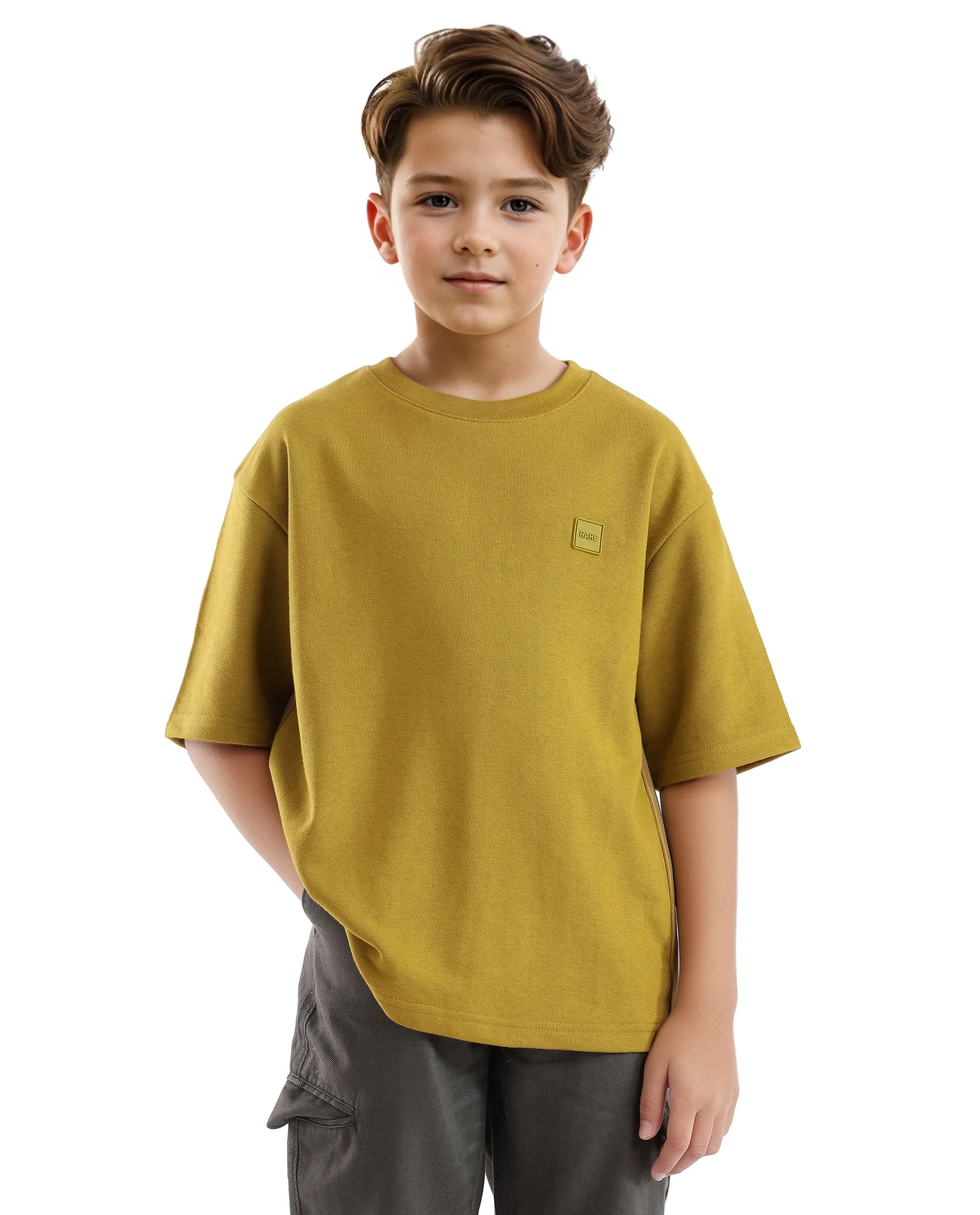 Rare Ones Kids Sans Olive Cotton Poly Short Sleeve Crew Neck Applique Boxy Fit T-Shirt