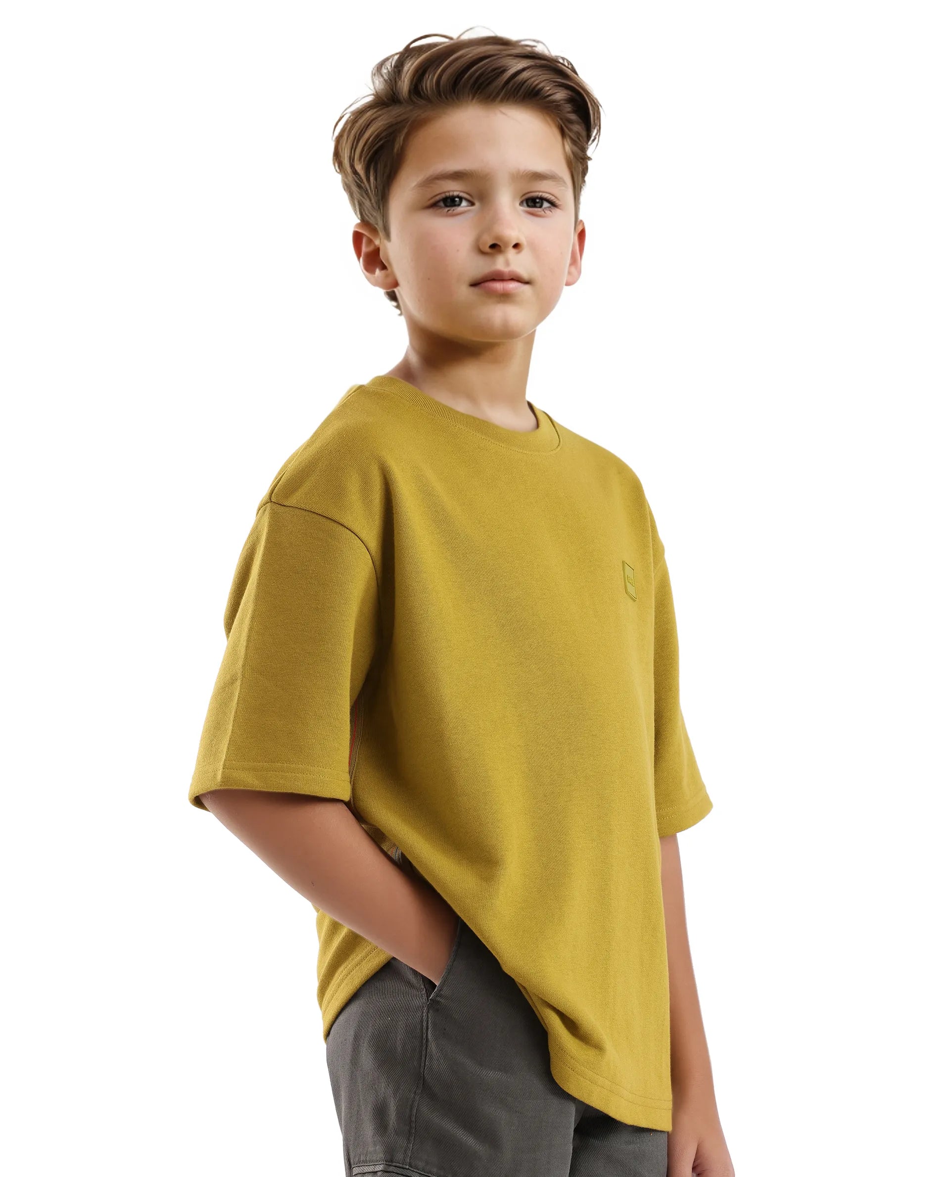 Rare Ones Kids Sans Olive Cotton Poly Short Sleeve Crew Neck Applique Boxy Fit T-Shirt
