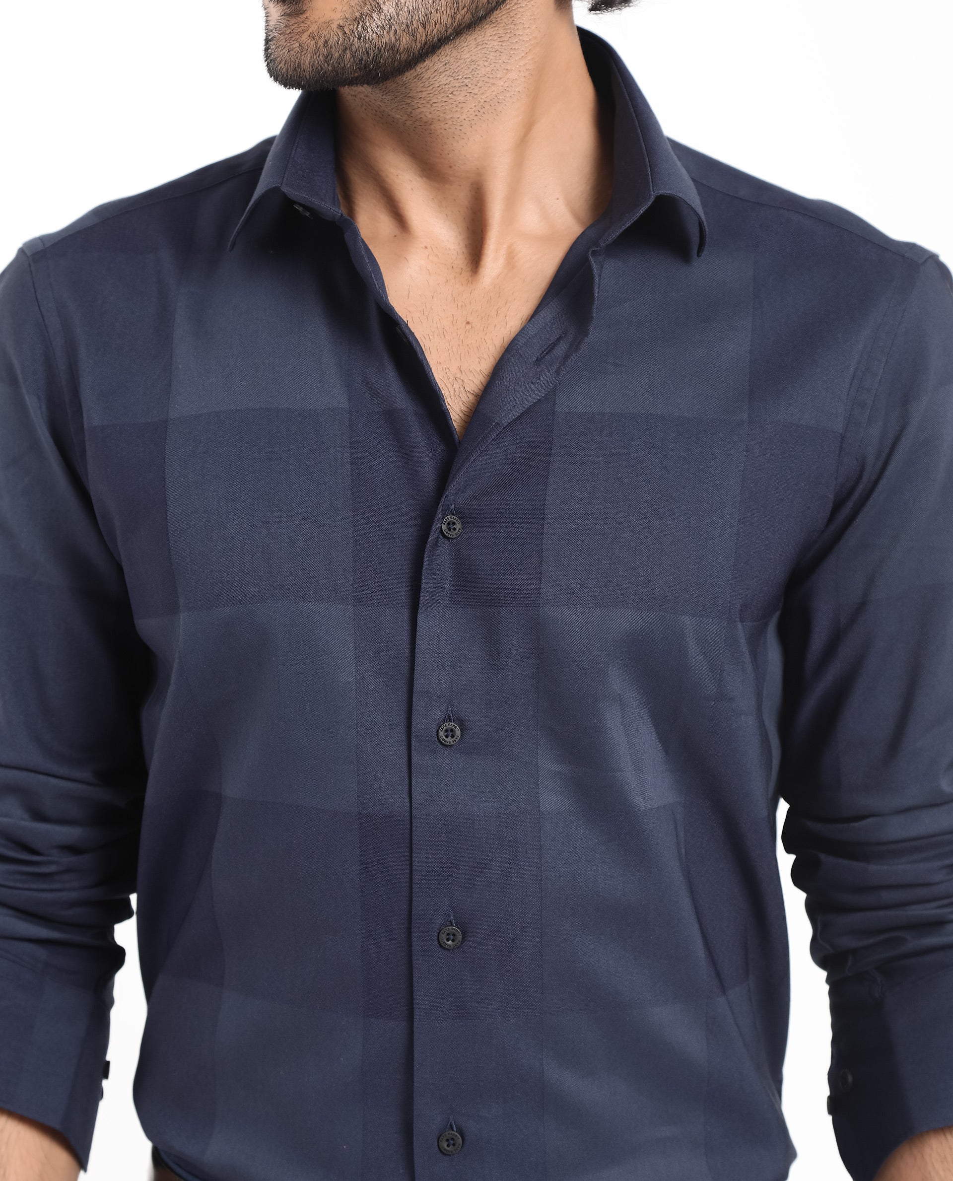 Rare Rabbit Men's Santhe Navy Cotton Lycra Fabric Full Sleeves Regular Fit Tonal Checks Shirt