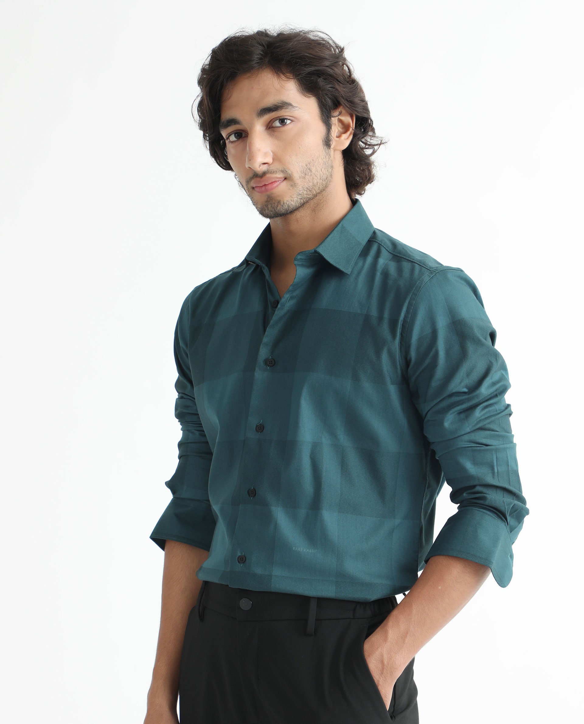 Rare Rabbit Men's Santhe Petrol Cotton Lycra Fabric Full Sleeves Regular Fit Tonal Checks Shirt