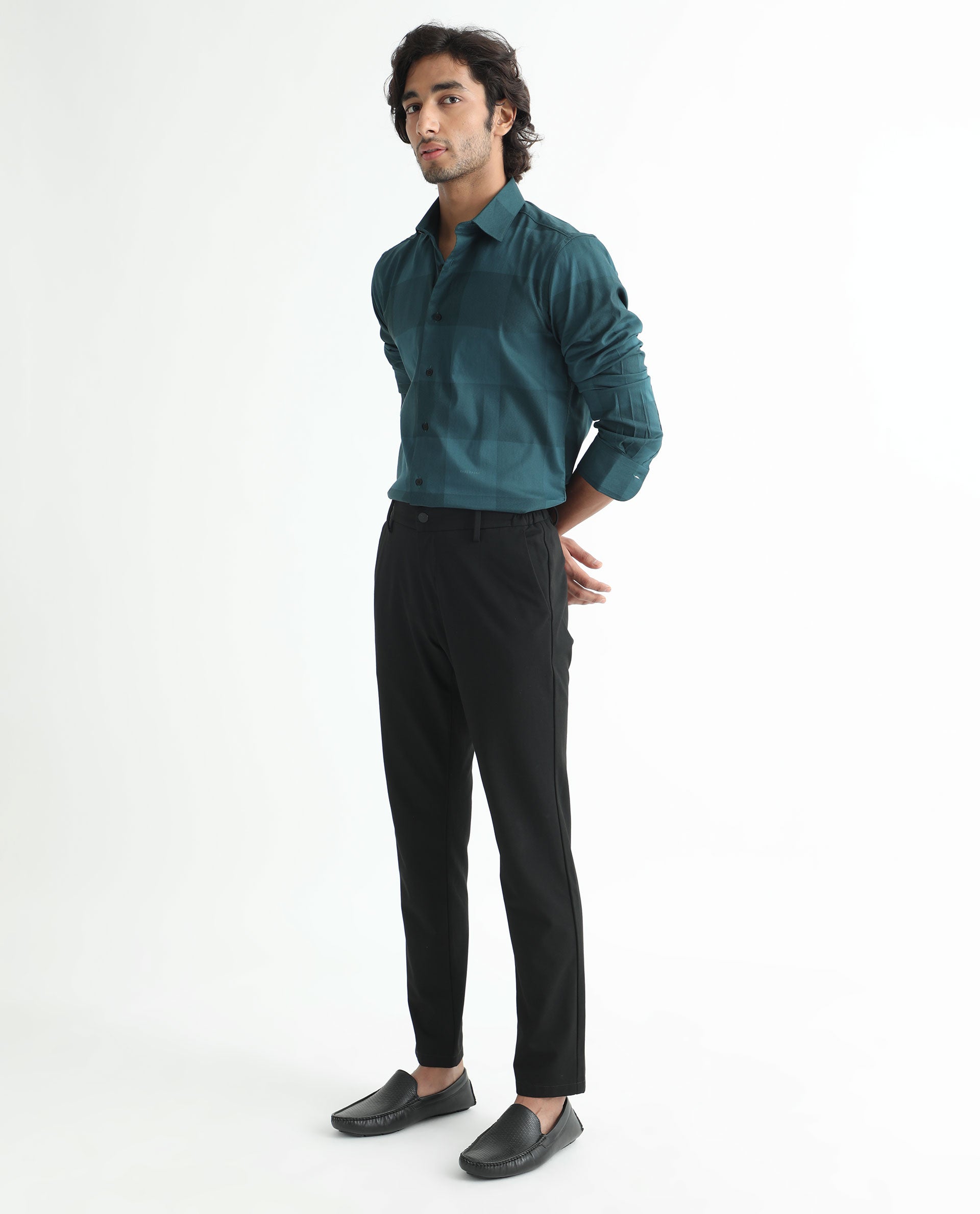 Rare Rabbit Men's Santhe Petrol Cotton Lycra Fabric Full Sleeves Regular Fit Tonal Checks Shirt