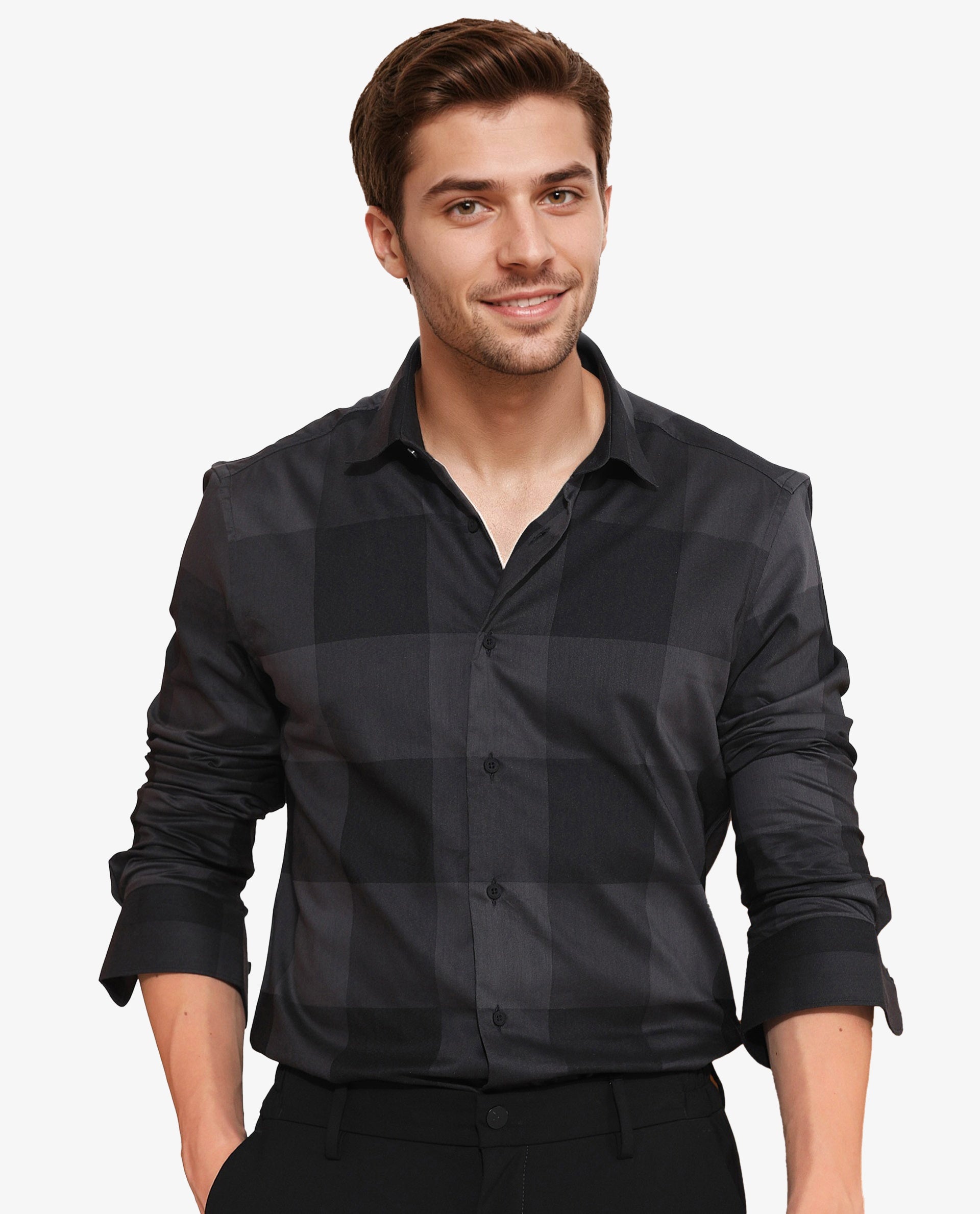 Rare Rabbit Men's Santhe Black Cotton Lycra Fabric Full Sleeves Regular Fit Tonal Checks Shirt