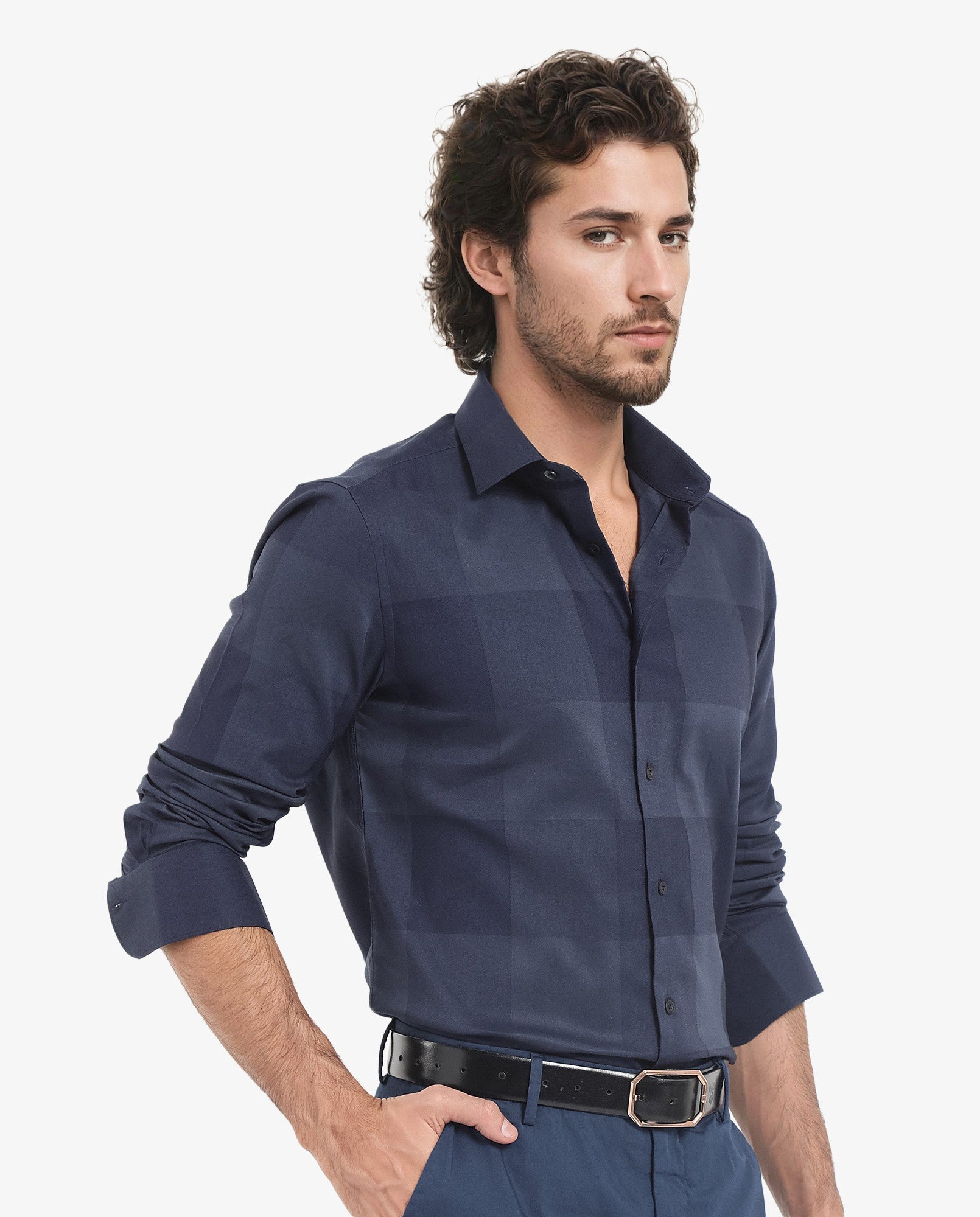 Rare Rabbit Men's Santhe Navy Cotton Lycra Fabric Full Sleeves Regular Fit Tonal Checks Shirt