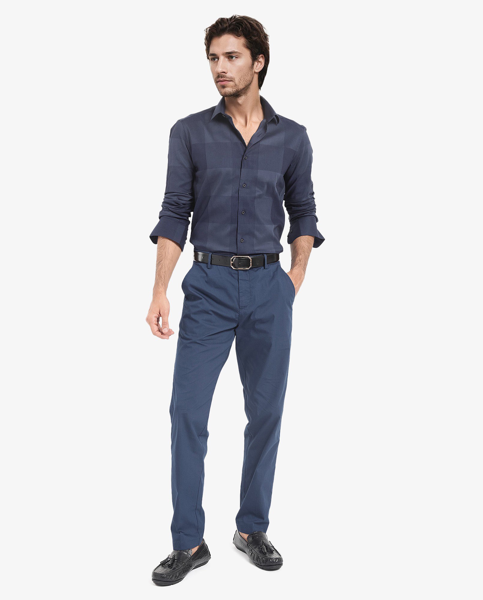 Rare Rabbit Men's Santhe Navy Cotton Lycra Fabric Full Sleeves Regular Fit Tonal Checks Shirt