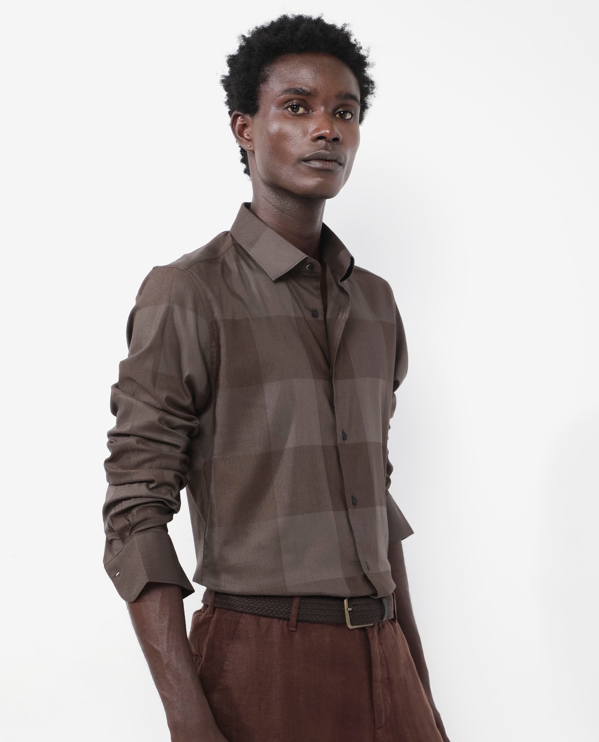 Rare Rabbit Men's Santhe Olive Cotton Lycra Fabric Full Sleeves Regular Fit Tonal Checks Shirt