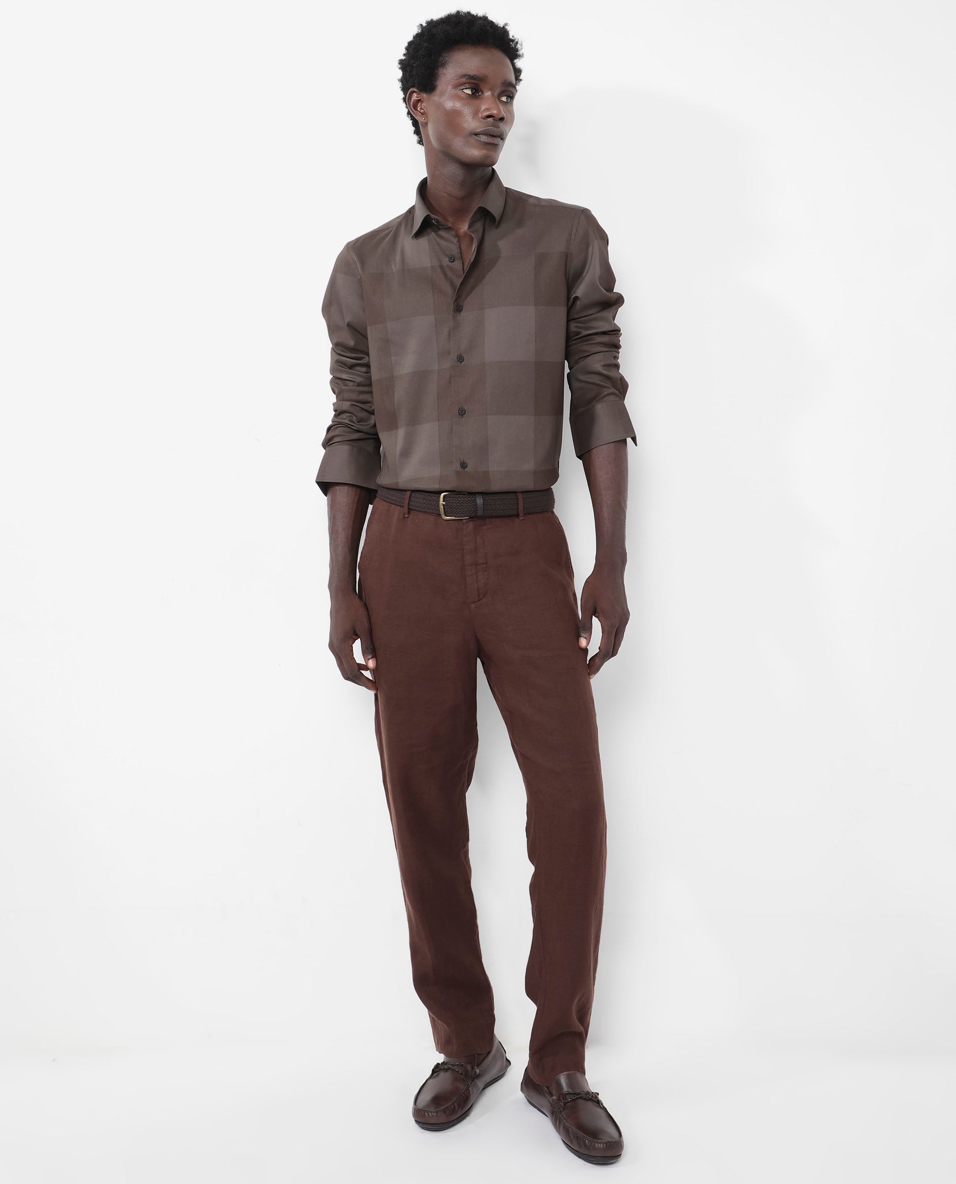 Rare Rabbit Men's Santhe Olive Cotton Lycra Fabric Full Sleeves Regular Fit Tonal Checks Shirt