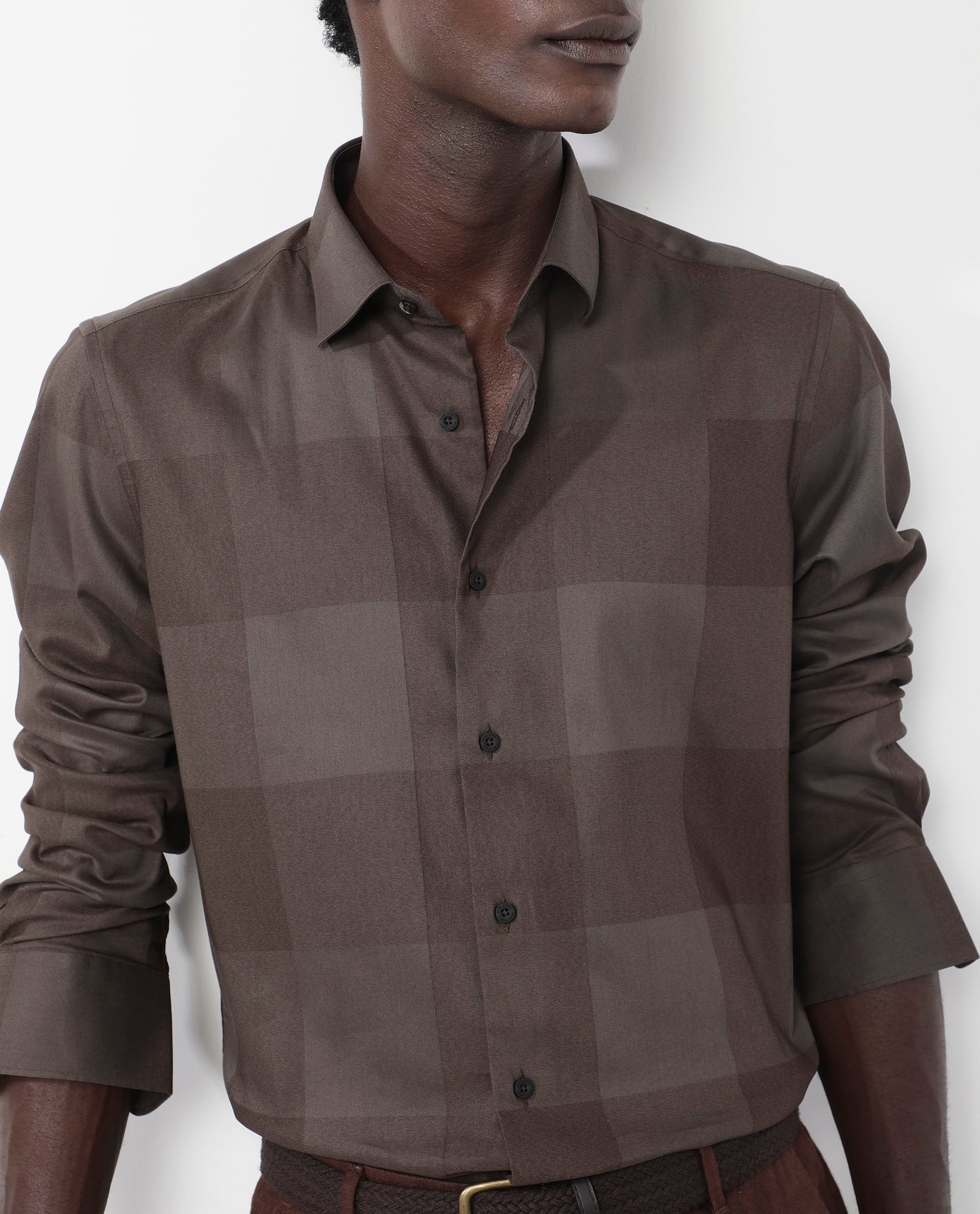 Rare Rabbit Men's Santhe Olive Cotton Lycra Fabric Full Sleeves Regular Fit Tonal Checks Shirt