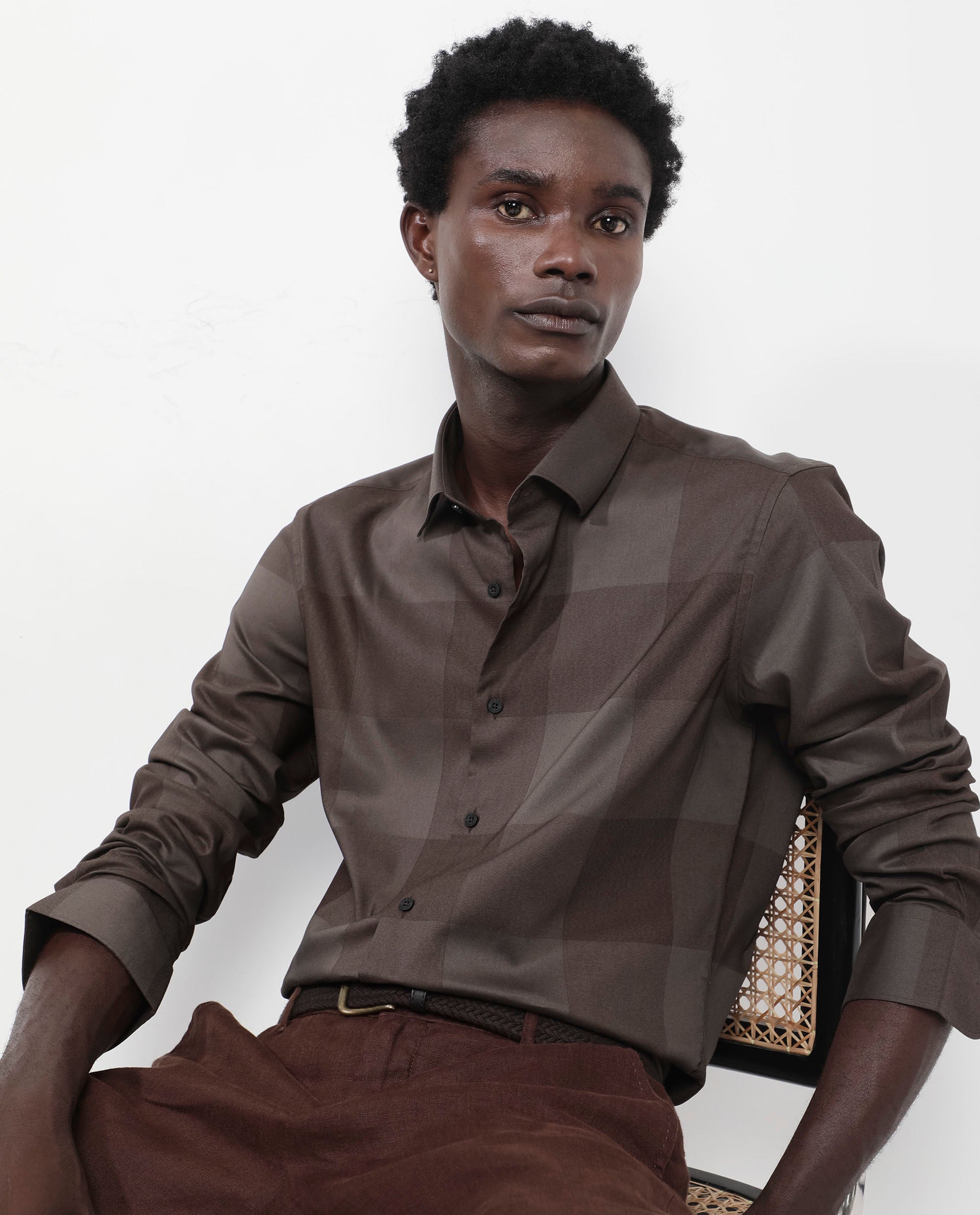 Rare Rabbit Men's Santhe Olive Cotton Lycra Fabric Full Sleeves Regular Fit Tonal Checks Shirt