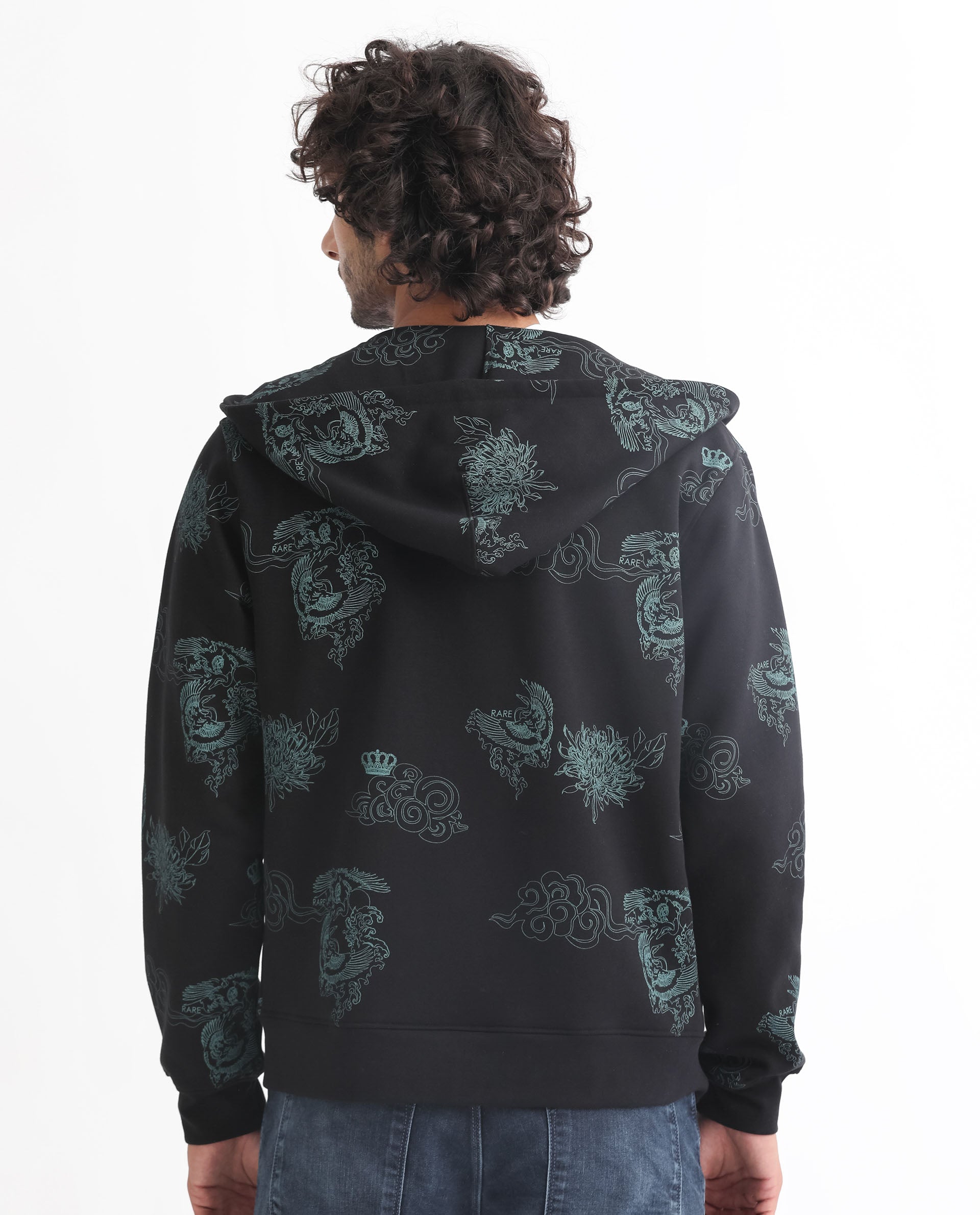 Rare Rabbit Mens Santo Black Sweatshirt Cotton Polyester Fabric Hooded Neck Knitted Full Sleeves Zipper Closure Comfortable Fit