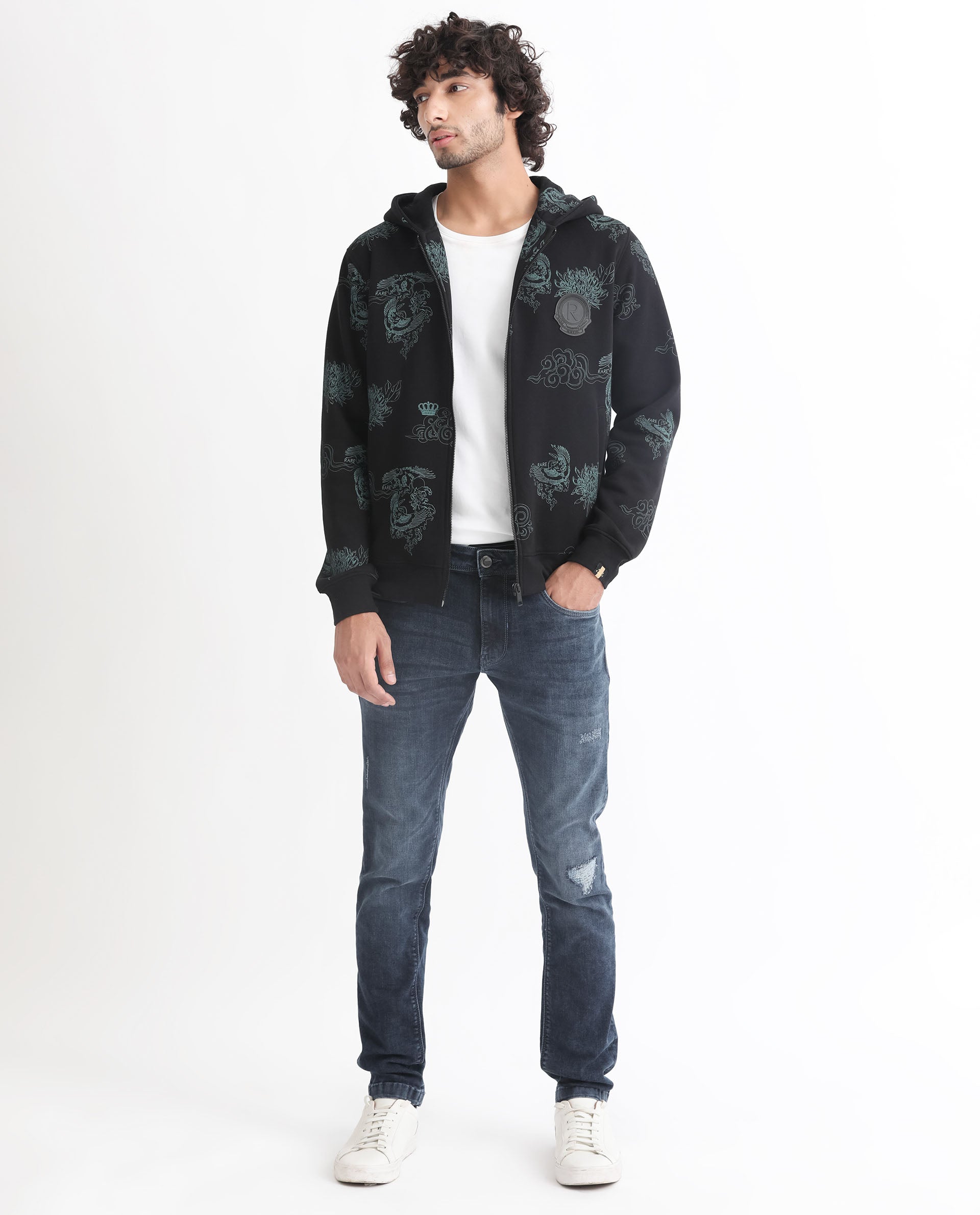 Rare Rabbit Mens Santo Black Sweatshirt Cotton Polyester Fabric Hooded Neck Knitted Full Sleeves Zipper Closure Comfortable Fit