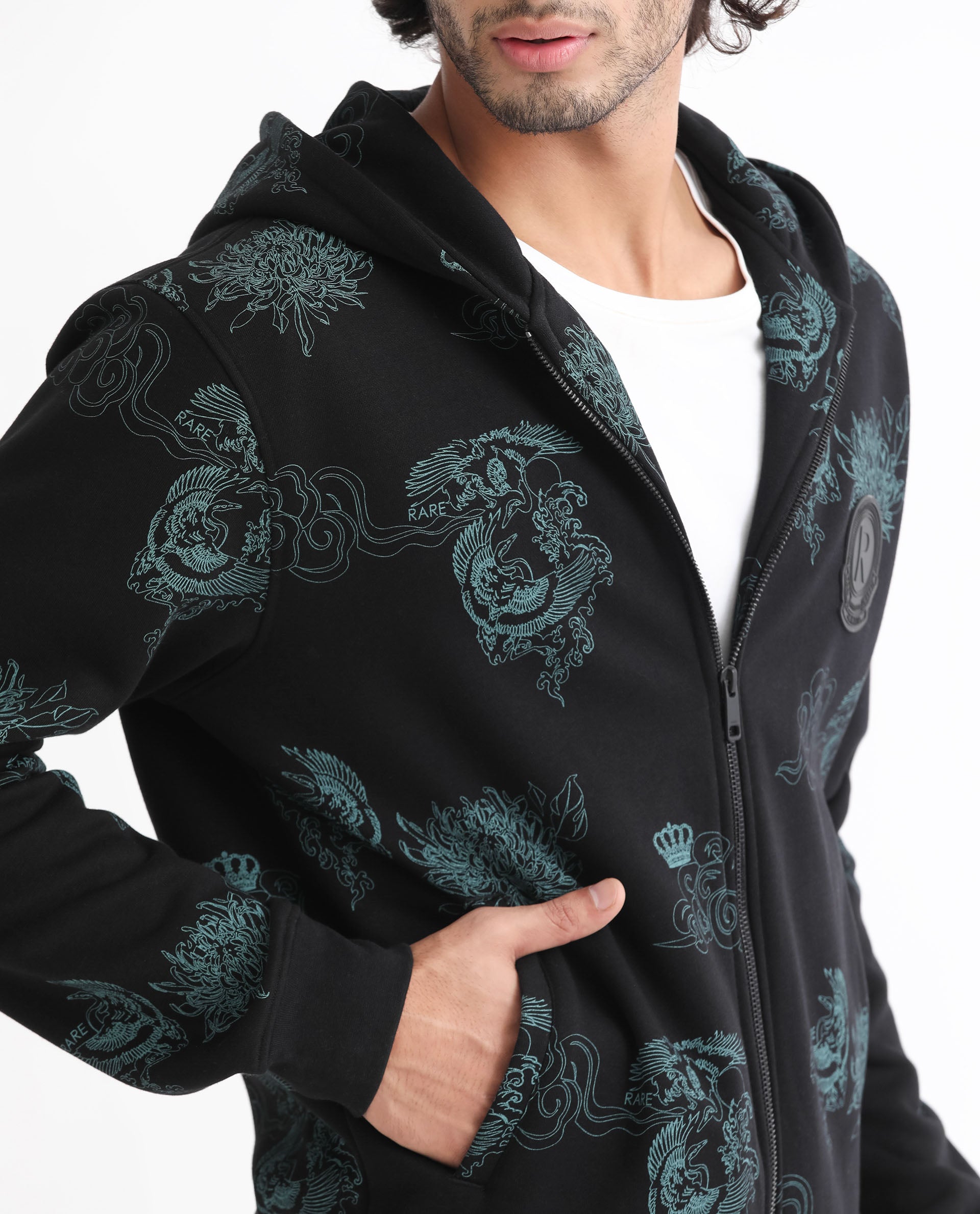 Rare Rabbit Mens Santo Black Sweatshirt Cotton Polyester Fabric Hooded Neck Knitted Full Sleeves Zipper Closure Comfortable Fit