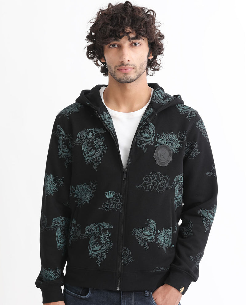 RARE RABBIT MENS SANTO BLACK SWEATSHIRT COTTON POLYESTER FABRIC HOODED NECK KNITTED FULL SLEEVES ZIPPER CLOSURE COMFORTABLE FIT