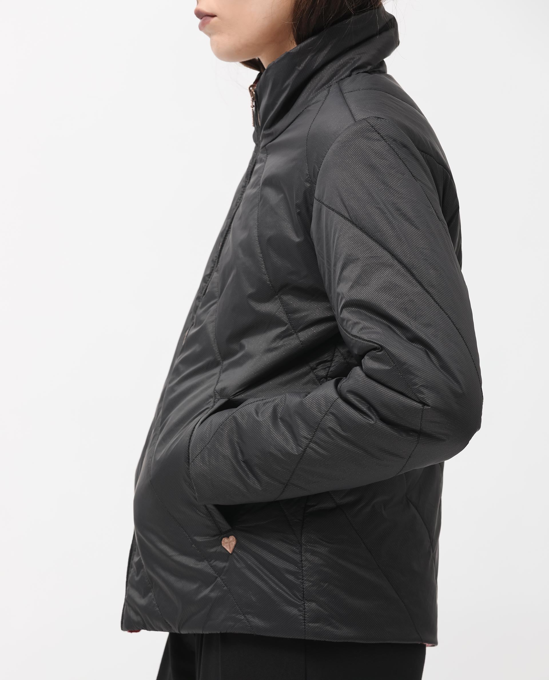 Rareism Women Sapel Black Polyester Fabric Full Sleeves Solid High Neck Jacket