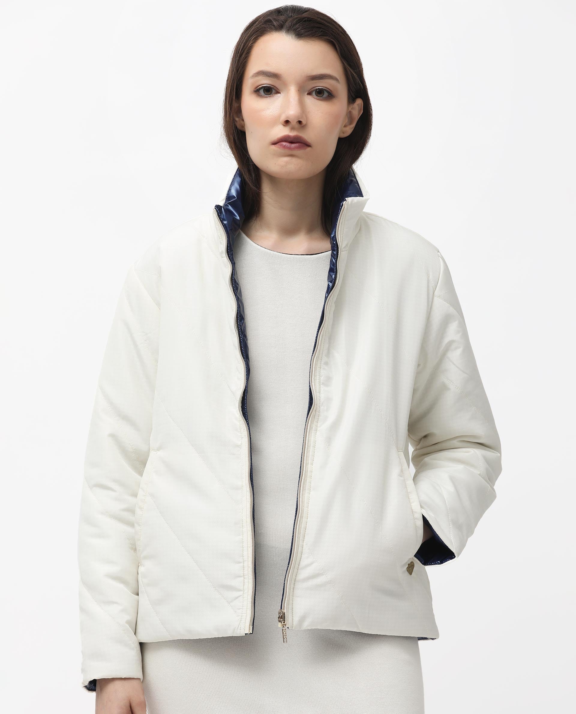 Rareism Women Sapel Off White Polyester Fabric Full Sleeves Zip Closure High Neck Regular Fit Plain Jacket