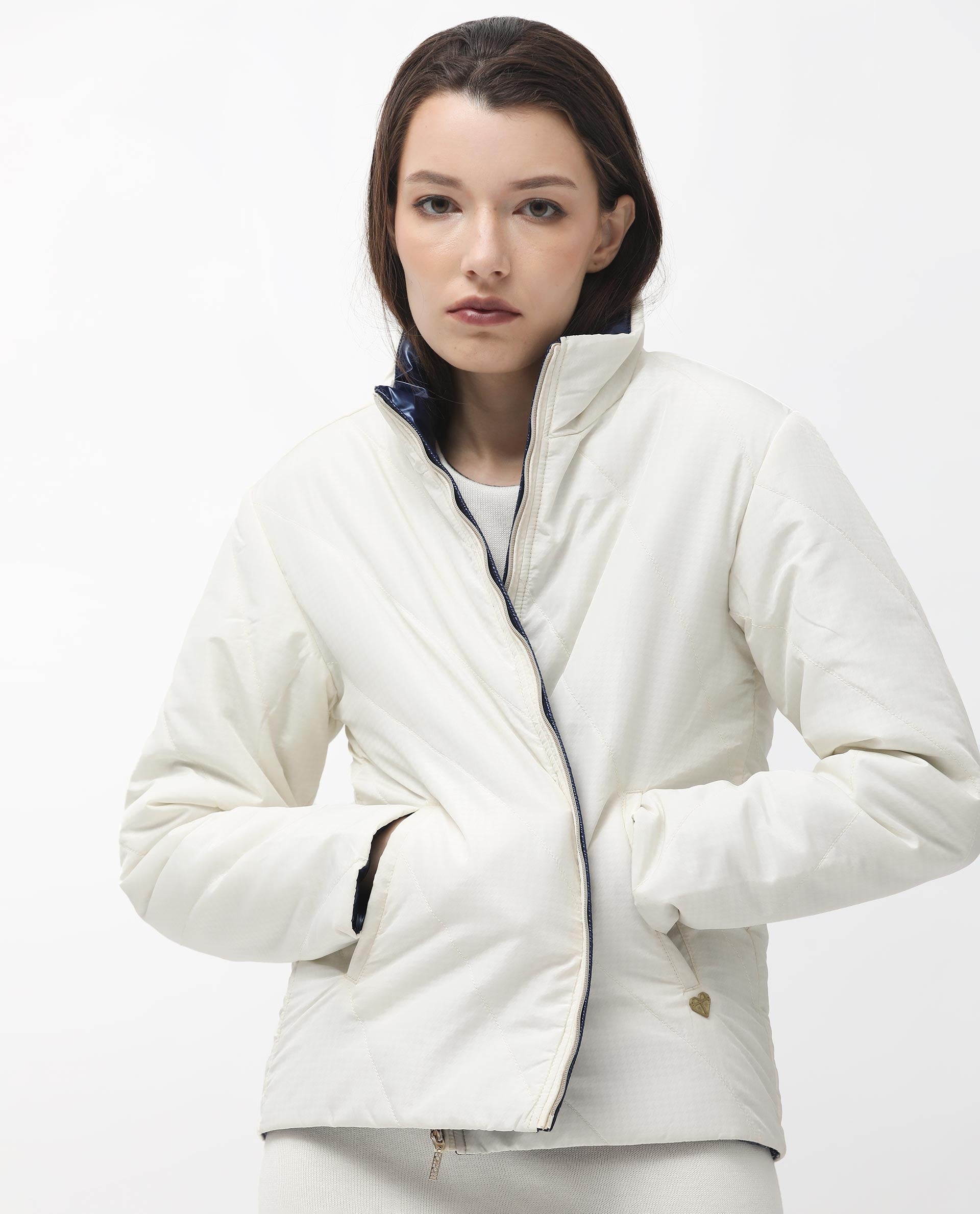 Rareism Women Sapel Off White Polyester Fabric Full Sleeves Zip Closure High Neck Regular Fit Plain Jacket