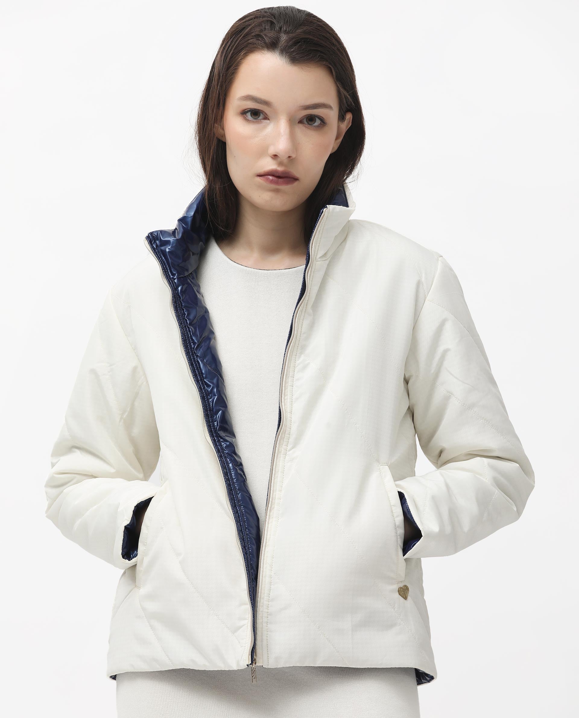 Rareism Women Sapel Off White Polyester Fabric Full Sleeves Zip Closure High Neck Regular Fit Plain Jacket