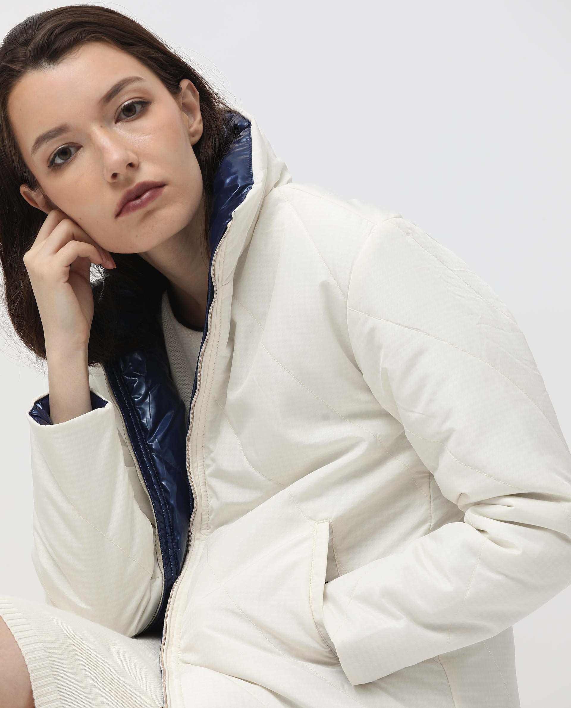 Rareism Women Sapel Off White Polyester Fabric Full Sleeves Zip Closure High Neck Regular Fit Plain Jacket