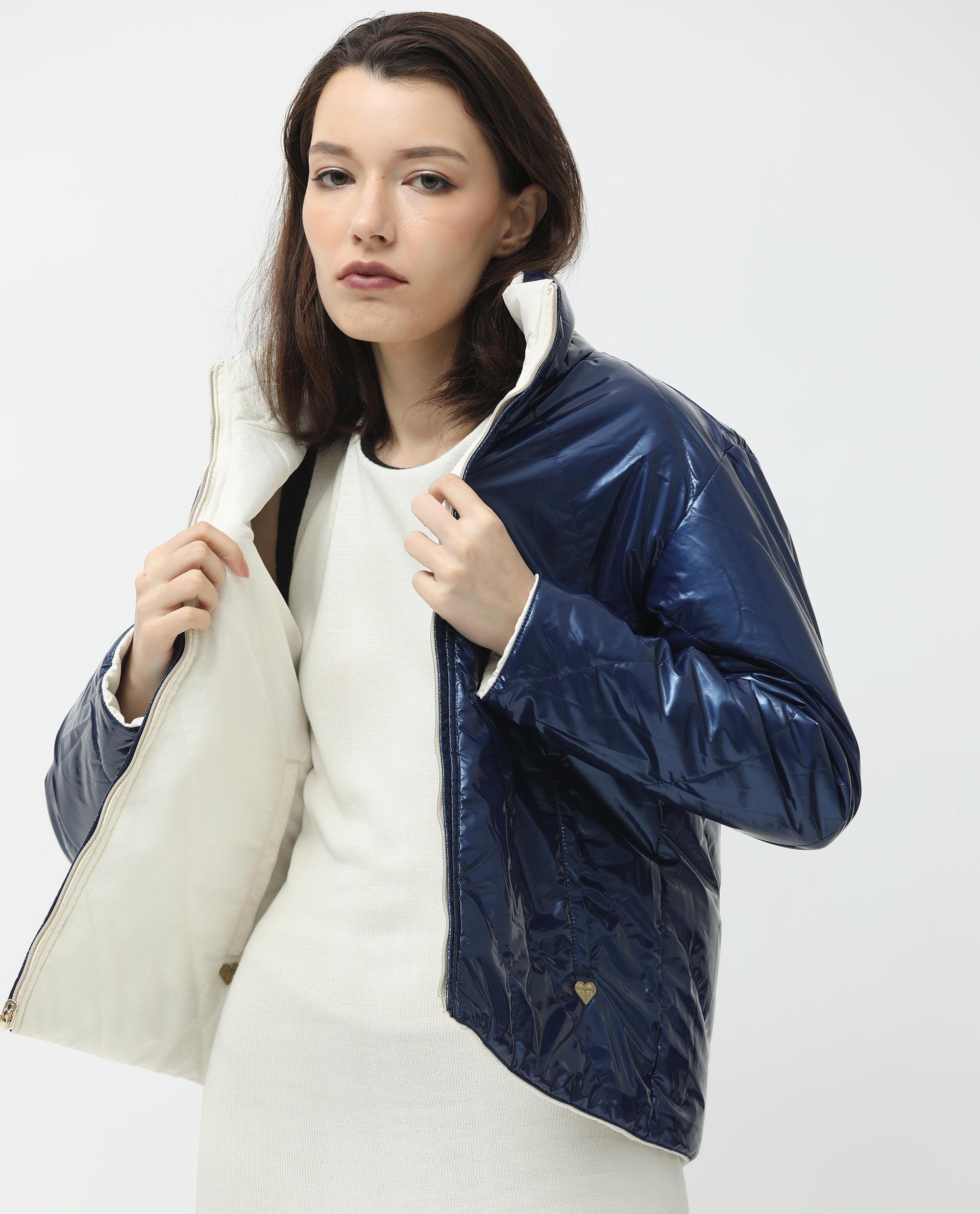 Rareism Women Sapel Off White Polyester Fabric Full Sleeves Zip Closure High Neck Regular Fit Plain Jacket