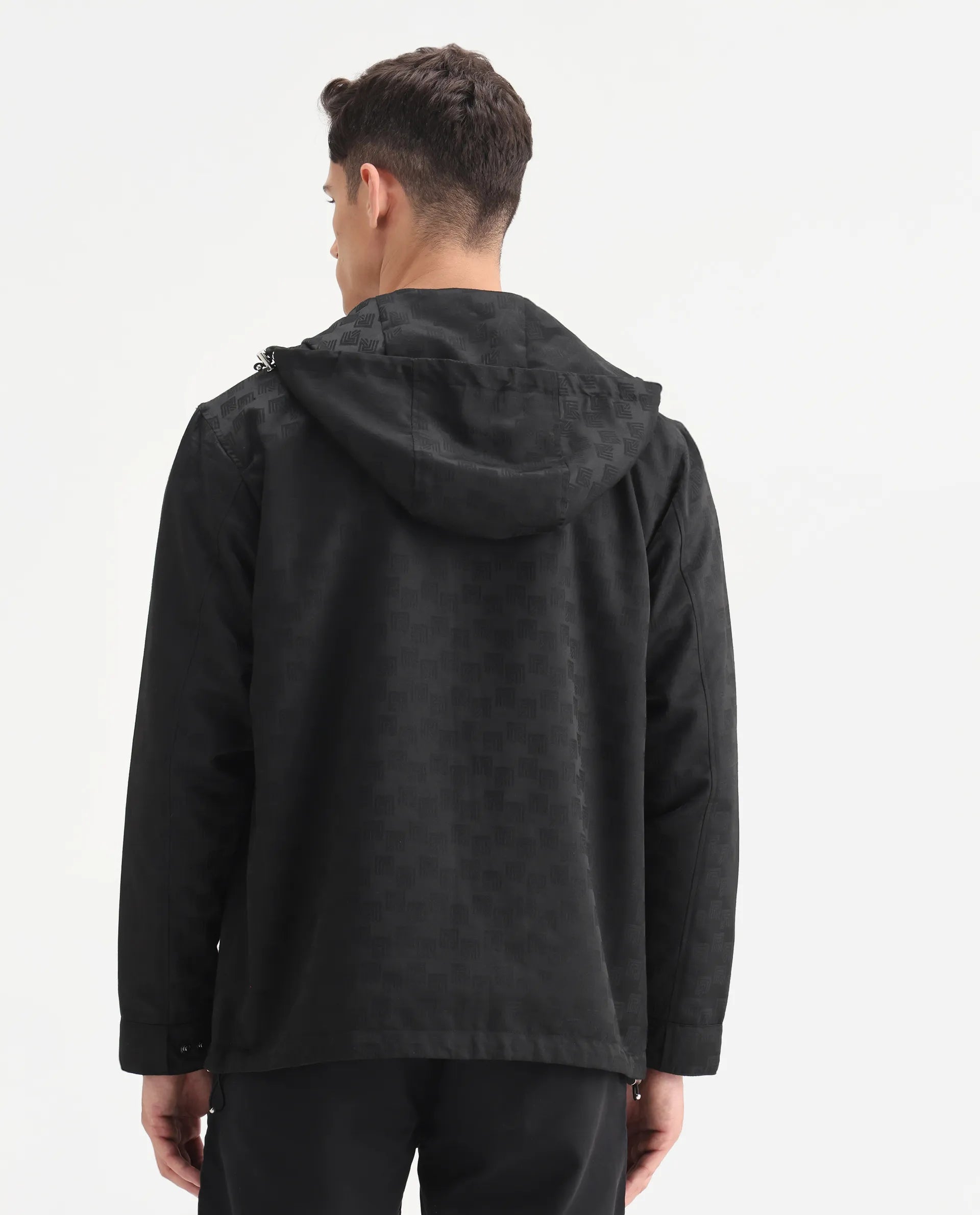 Rare Rabbit Men's Sappon-25 Black Polyester Monogram Print Boxy Fit Full Sleeve Hooded Jacket