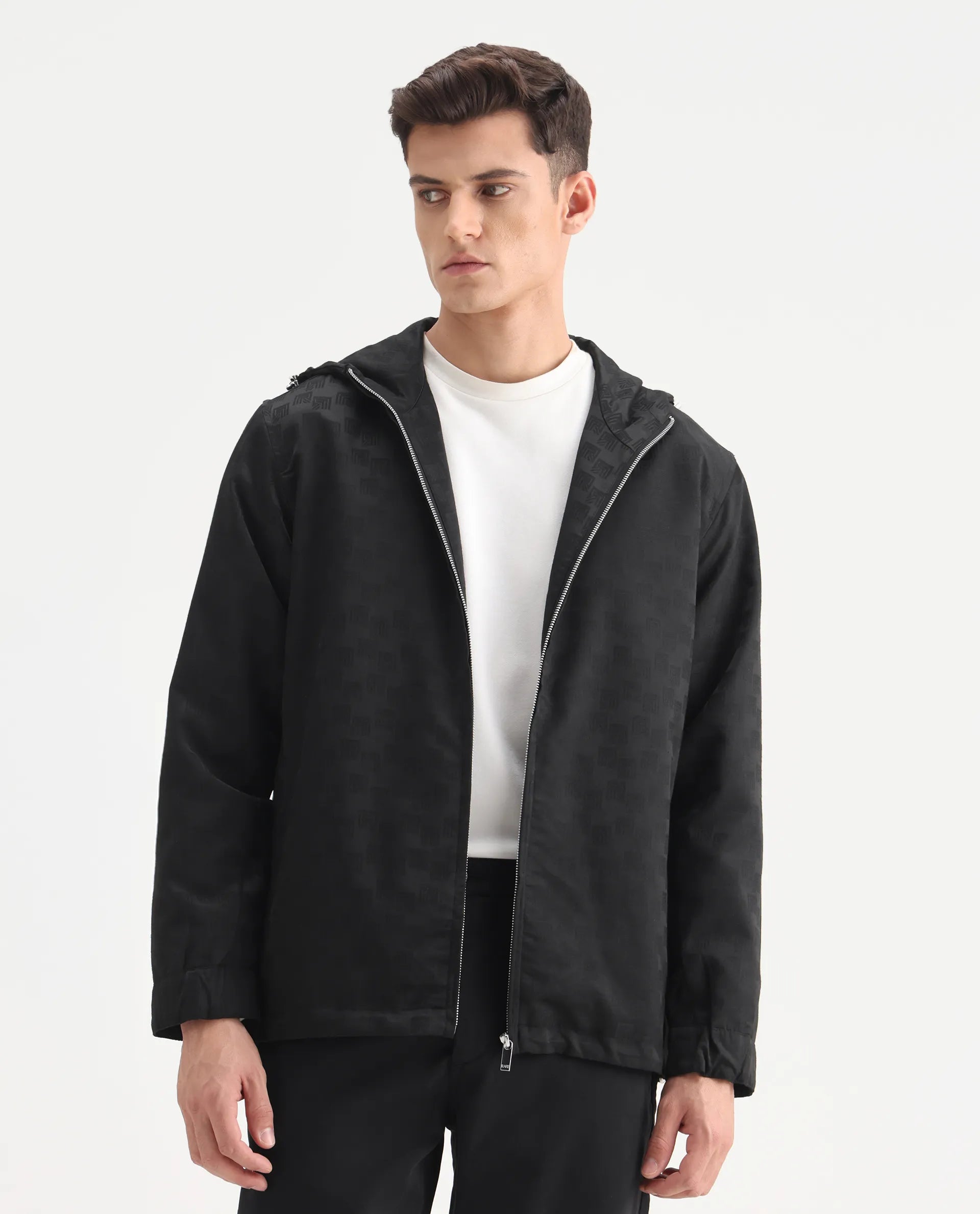 Rare Rabbit Men's Sappon-25 Black Polyester Monogram Print Boxy Fit Full Sleeve Hooded Jacket