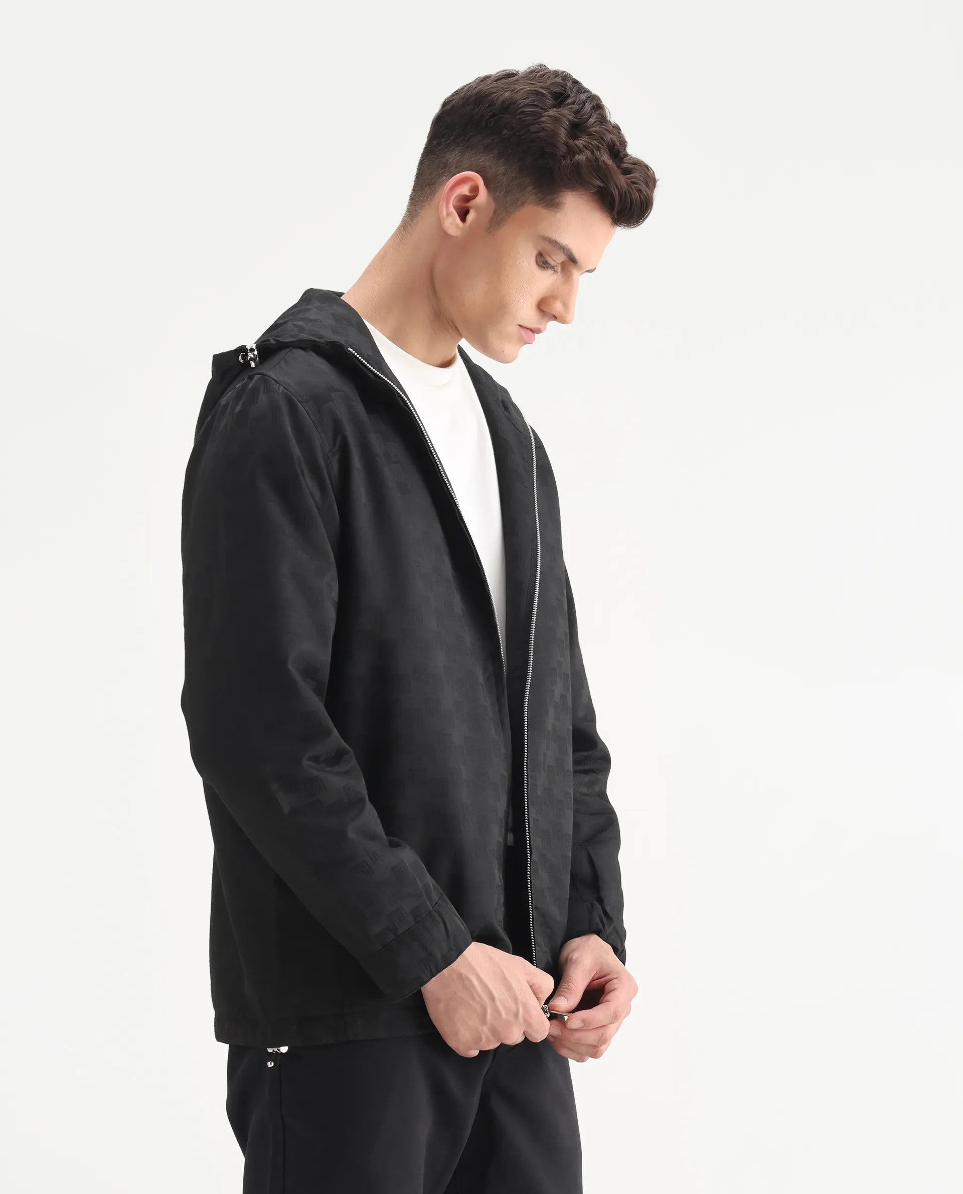 Rare Rabbit Men's Sappon-25 Black Polyester Monogram Print Boxy Fit Full Sleeve Hooded Jacket